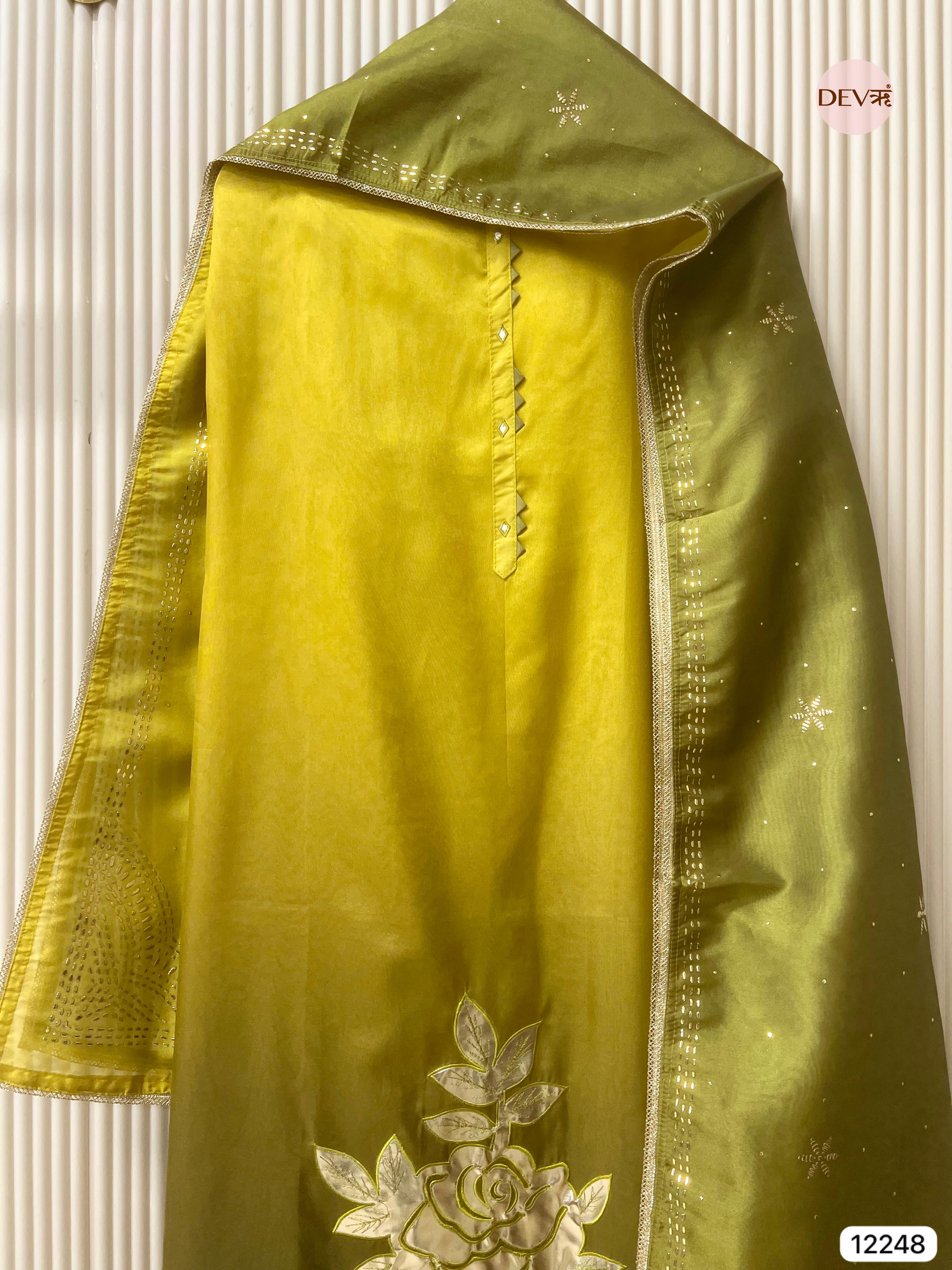 Olive Soft Tissue Shimmer Silk Embroidered Unstitched 3-Piece Set (Devri – D.No 12248)