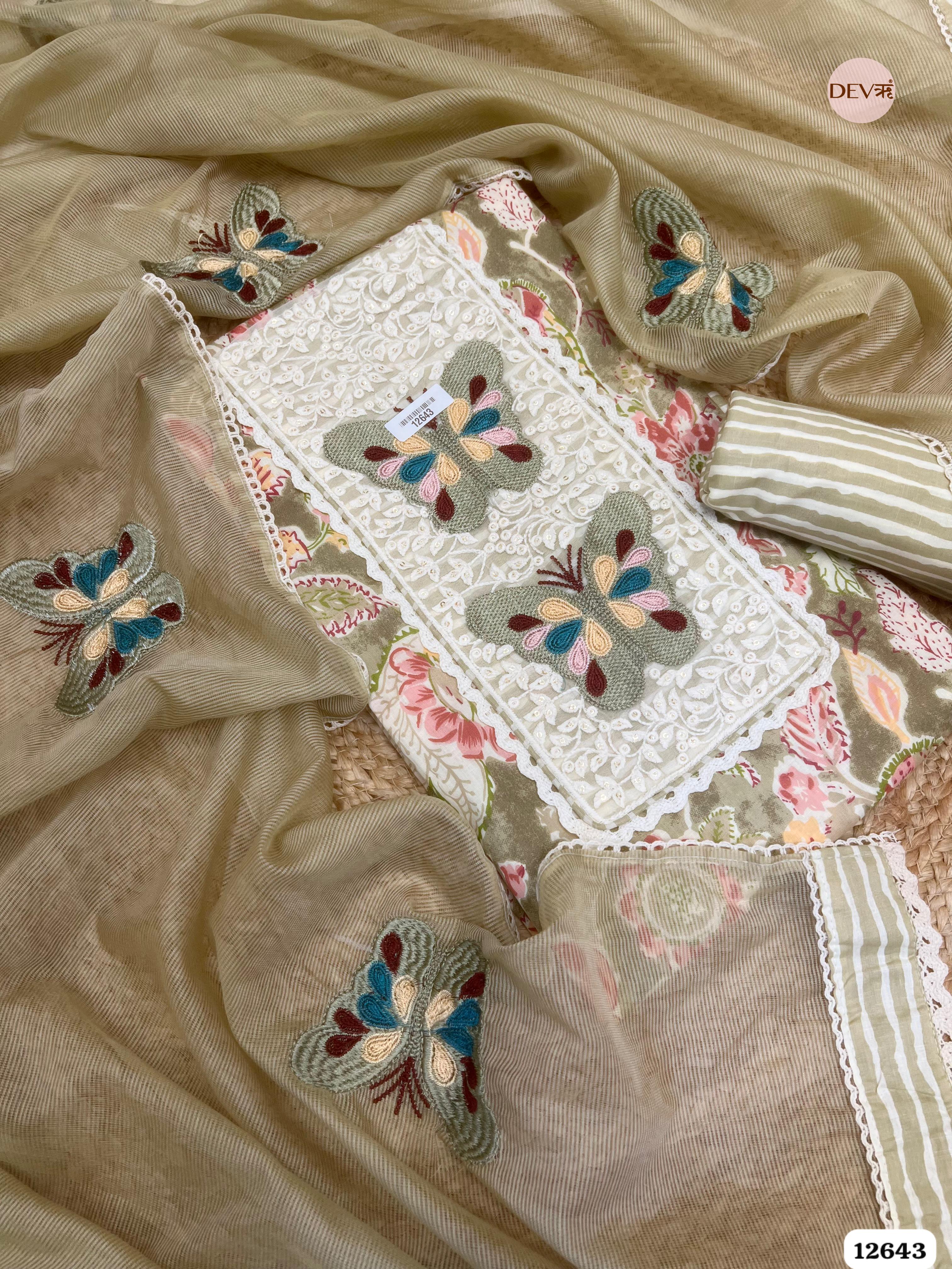 Olive Green Cotton Floral Embroidered Unstitched 3-Piece Suit (Devri – D.No 12643)