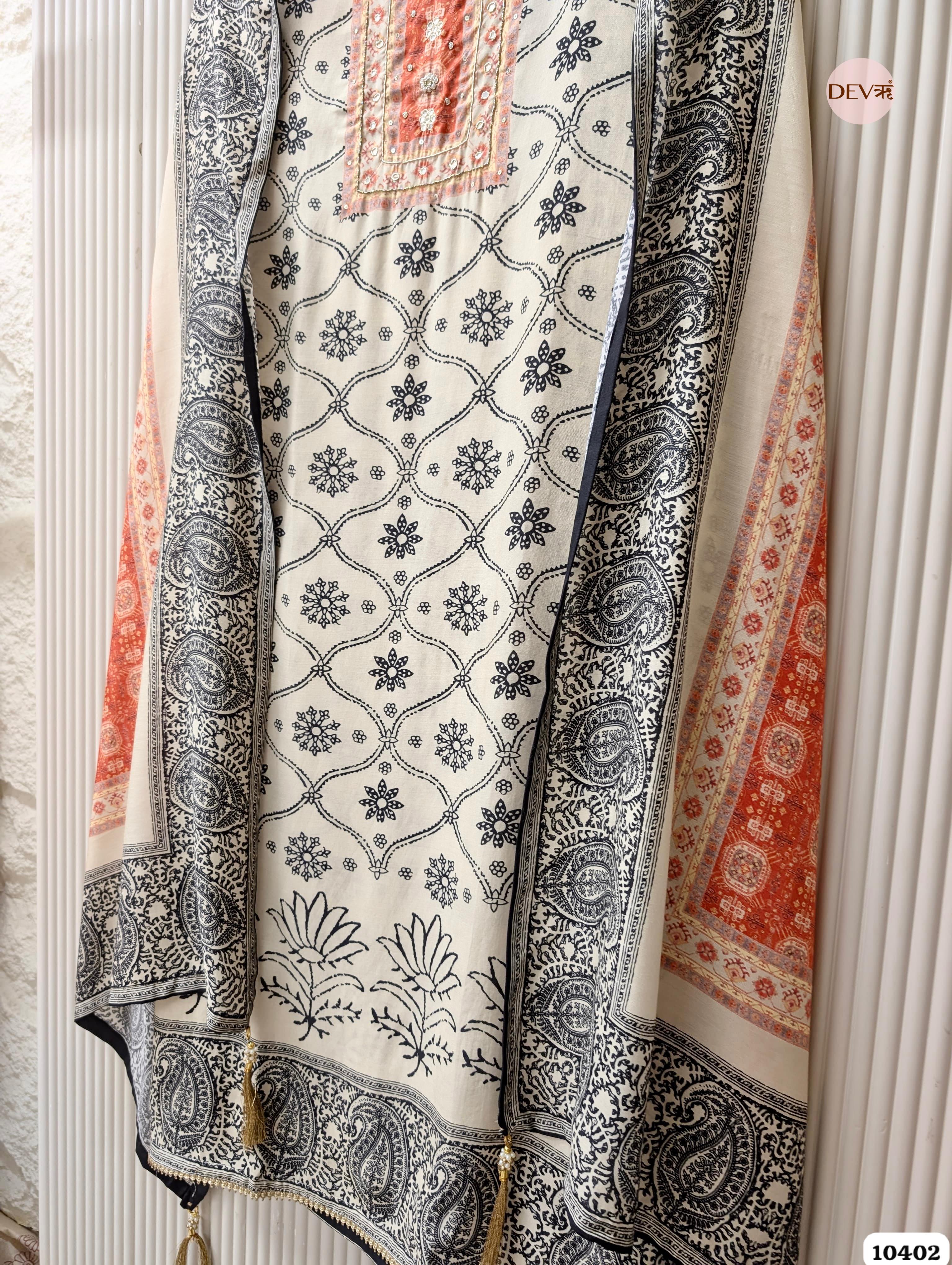 Beige Muslin Printed Unstitched 3-Piece Suit (Devri – D.No. 12402)