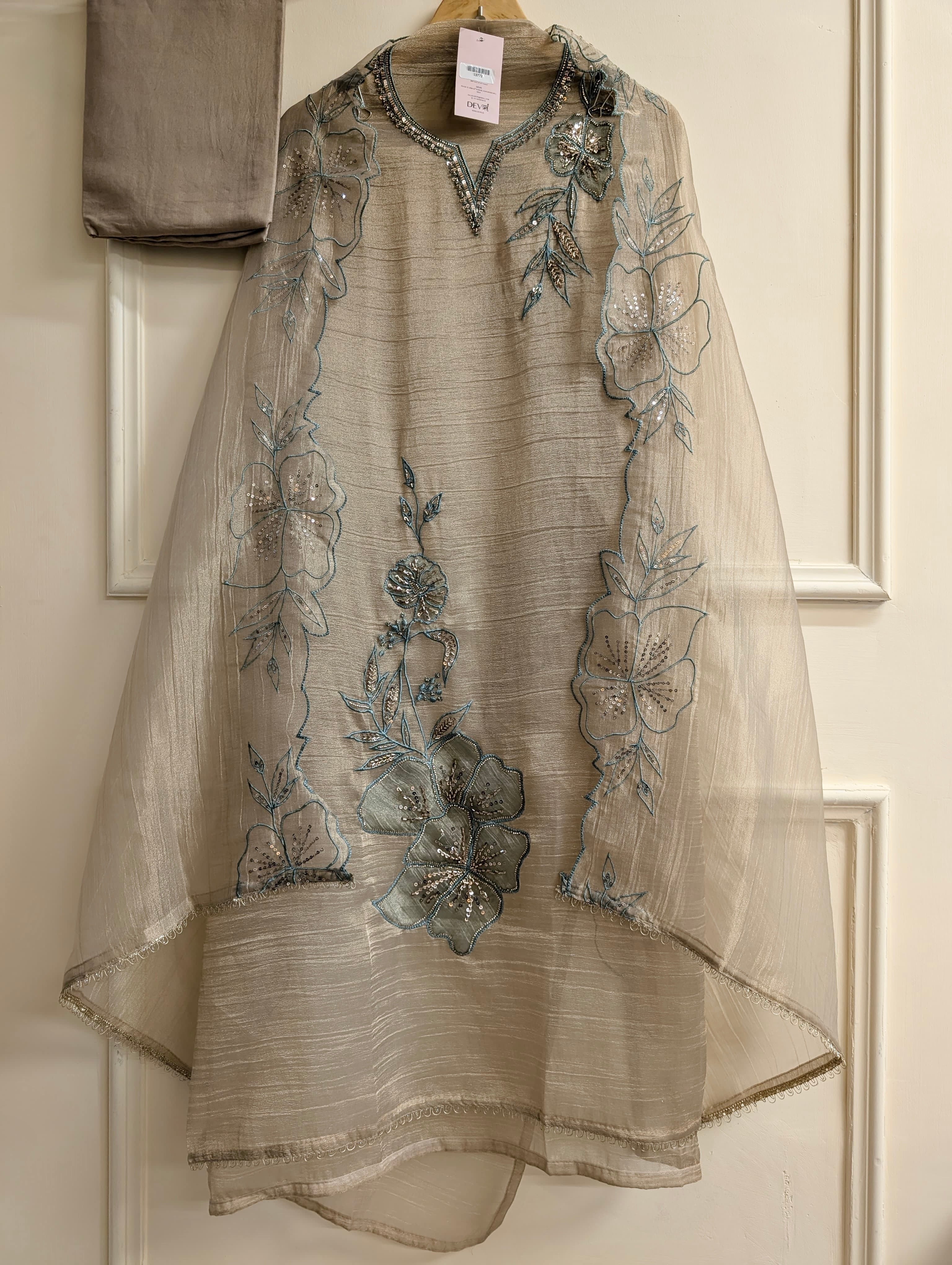 Taupe Crush Tissue Silk Embroidered Unstitched 3-Piece Suit (Devri – D.No 13772)