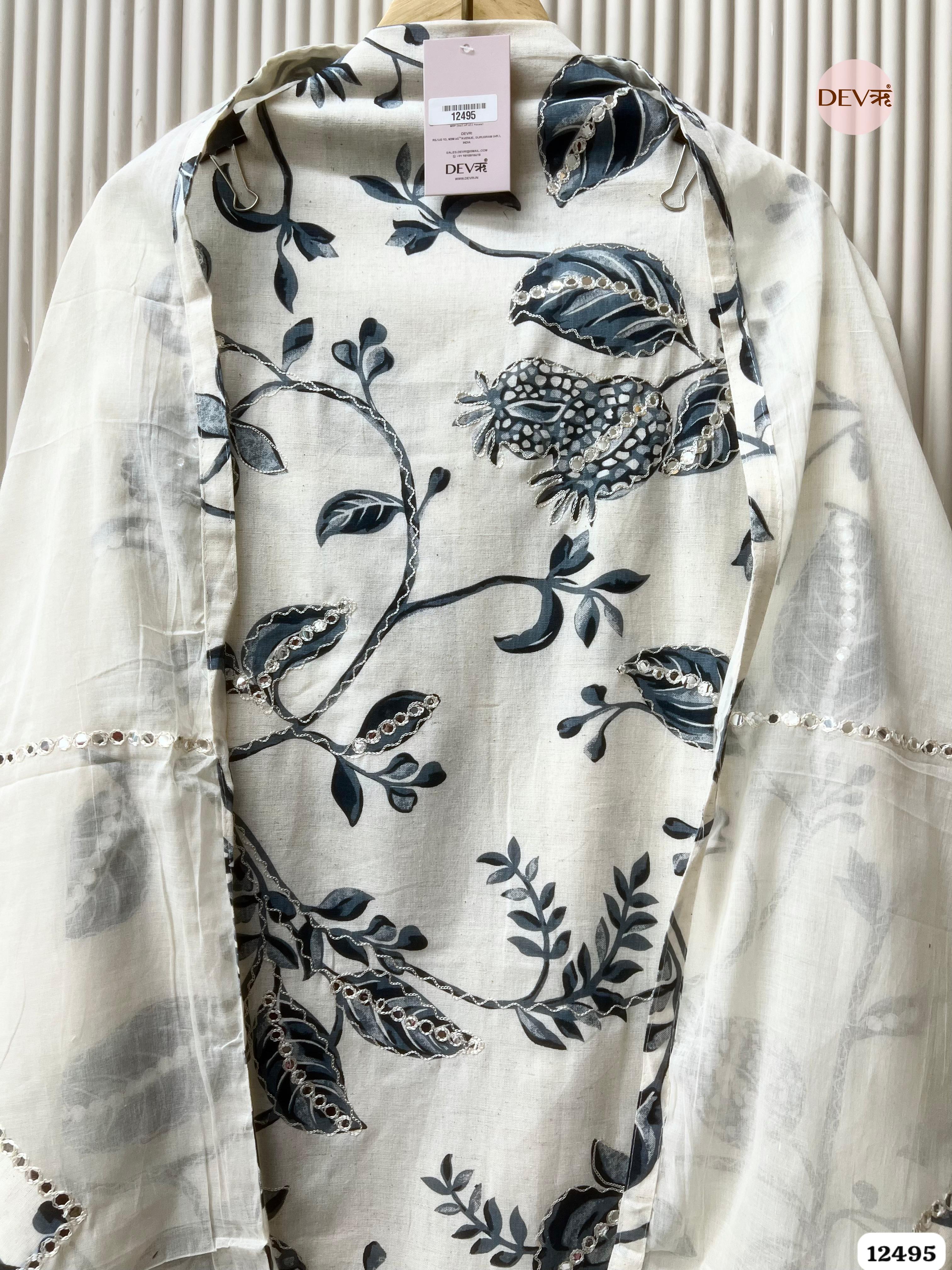 Ivory & Slate Blue Pure Cotton Printed Unstitched 3-Piece Suit (Devri – D.No. 12495)