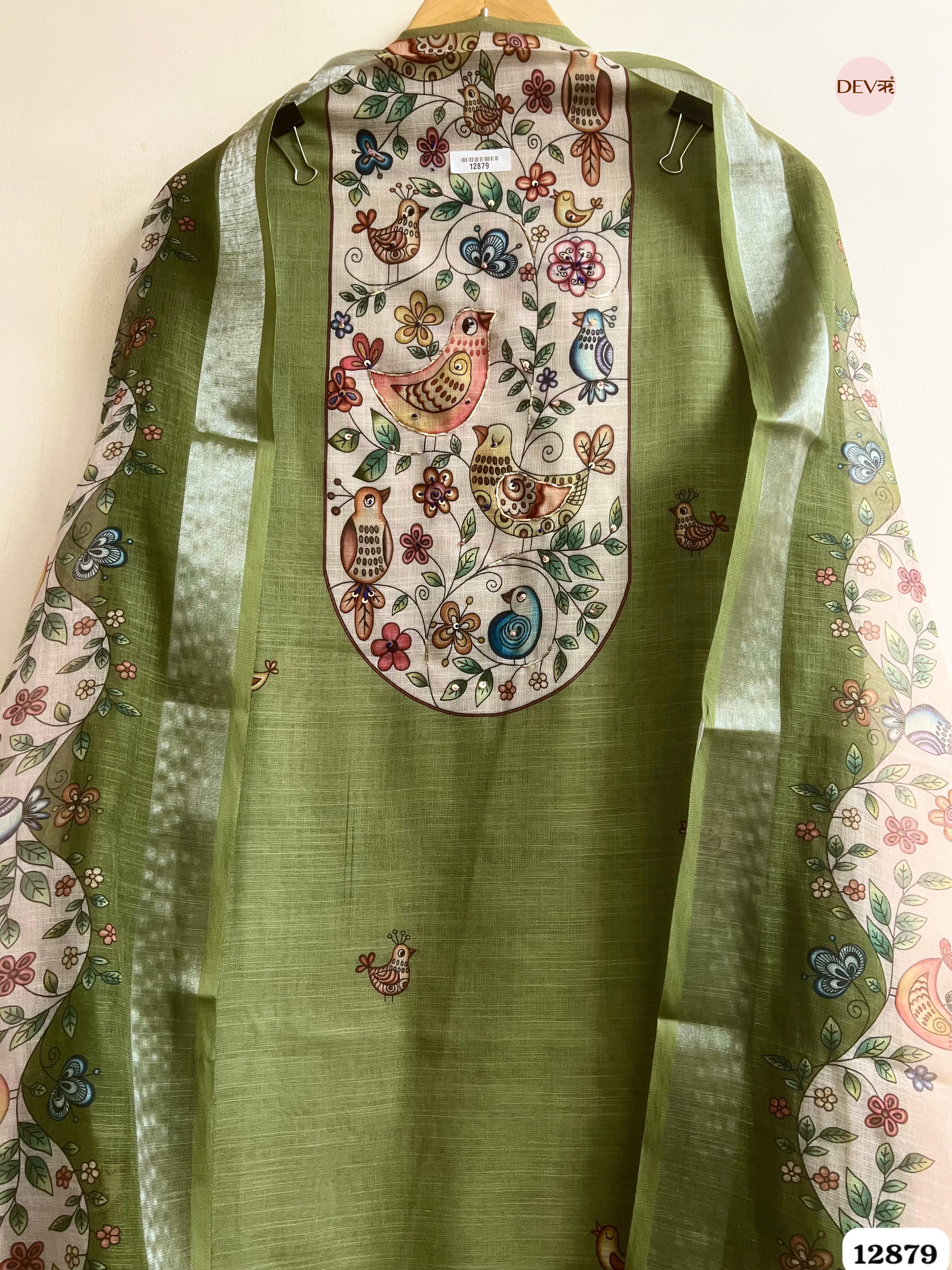 Olive Green Linen Cotton Printed Unstitched 3-Piece Suit (Devri – D.No 12879)