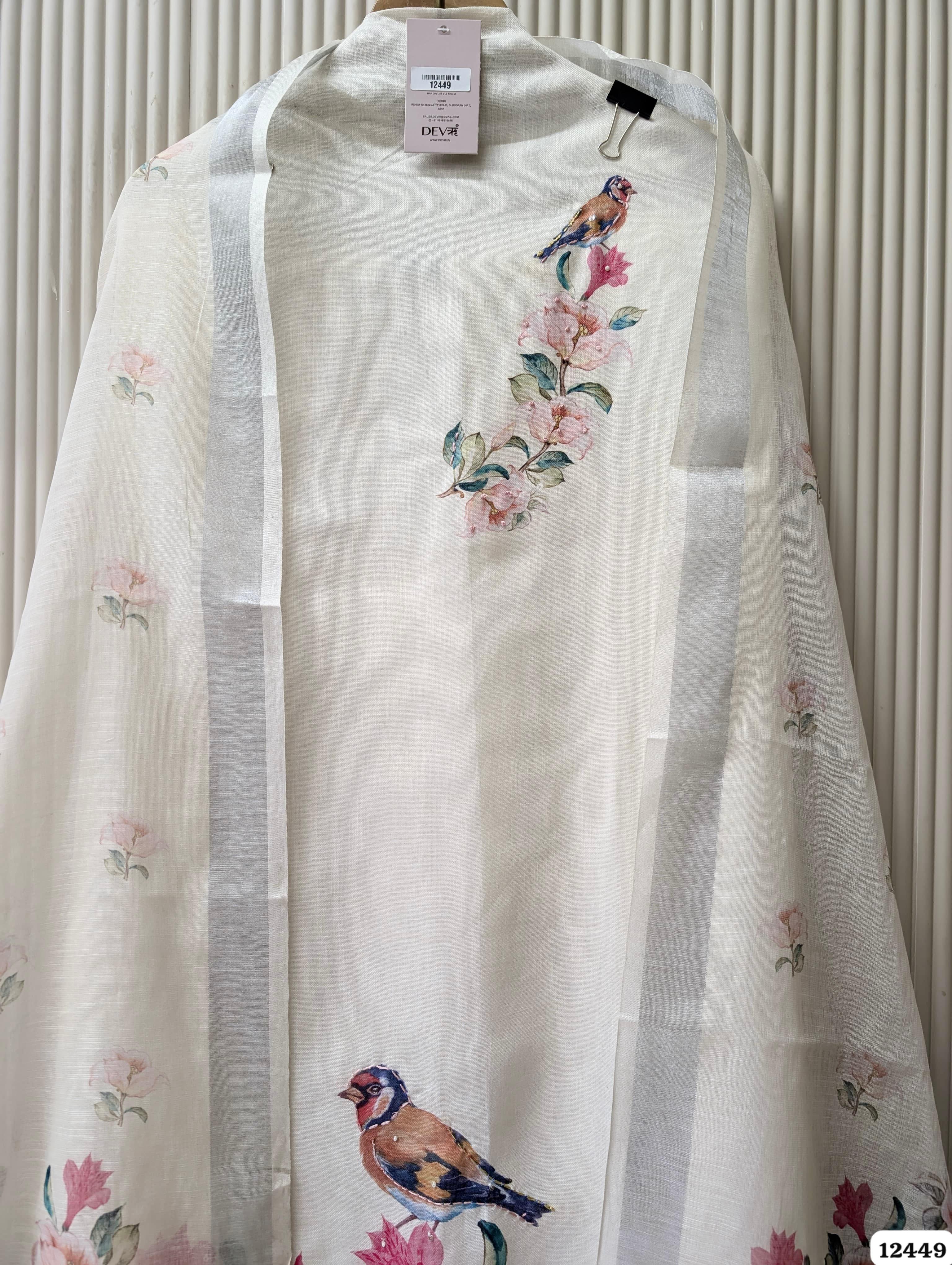 Off-White Linen Cotton Printed Unstitched 3-Piece Suit (Devri – D.No. 12449)
