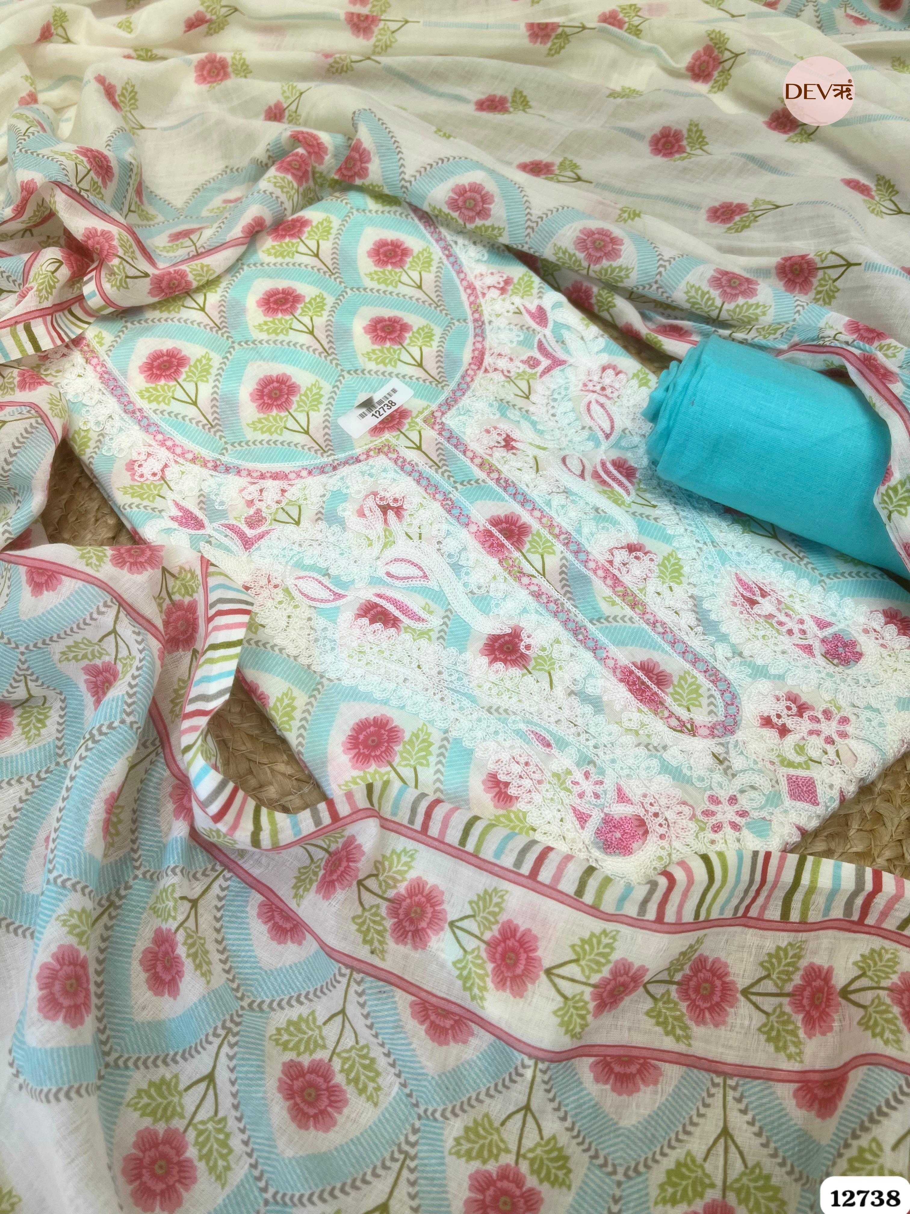 Turquoise Cotton Embroidered Unstitched 3-Piece Suit (Devri – D.No 12738)