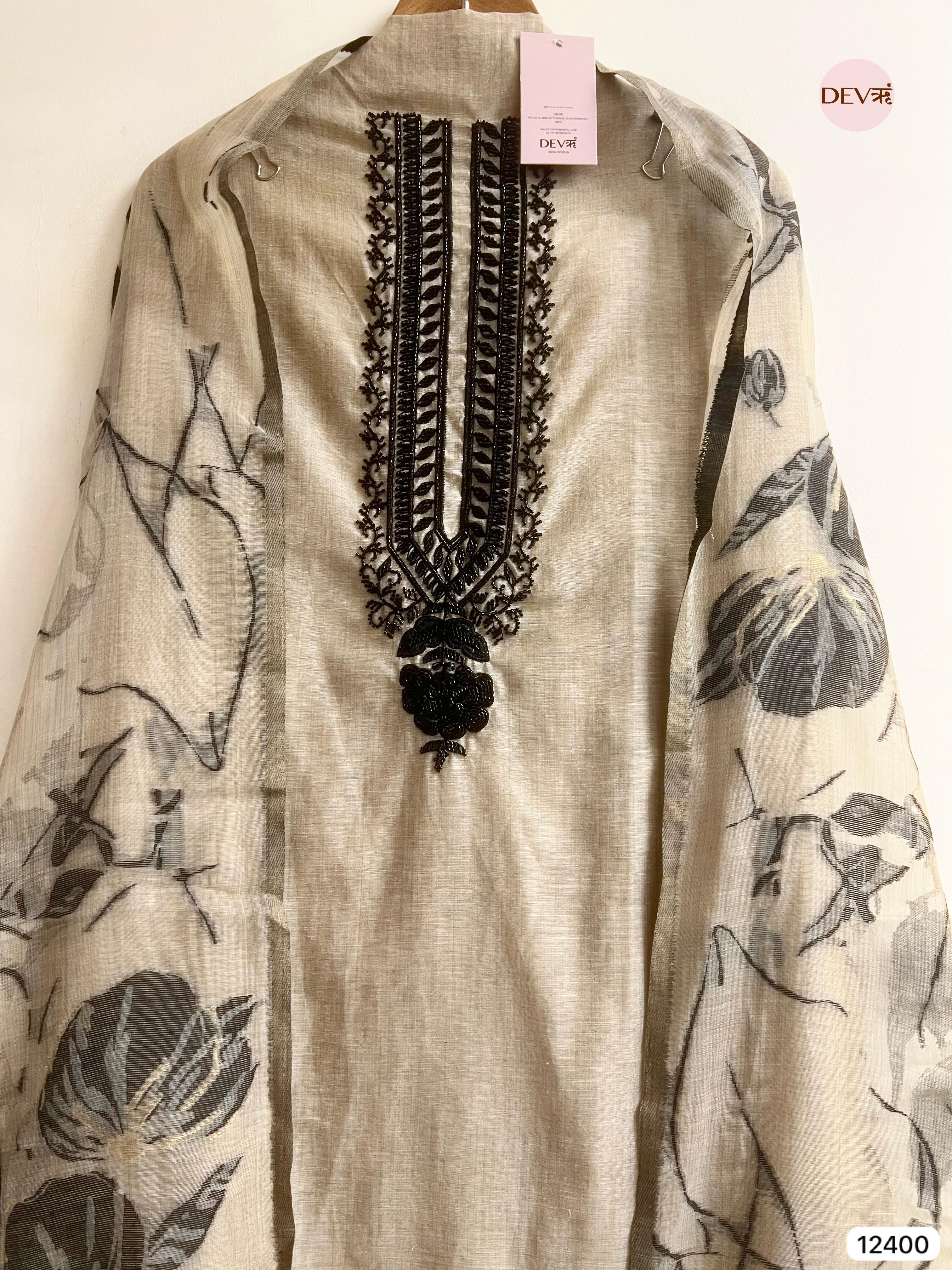 Beige Mul Chanderi Embroidered Unstitched 3-Piece Suit (Devri – D.No 12400)