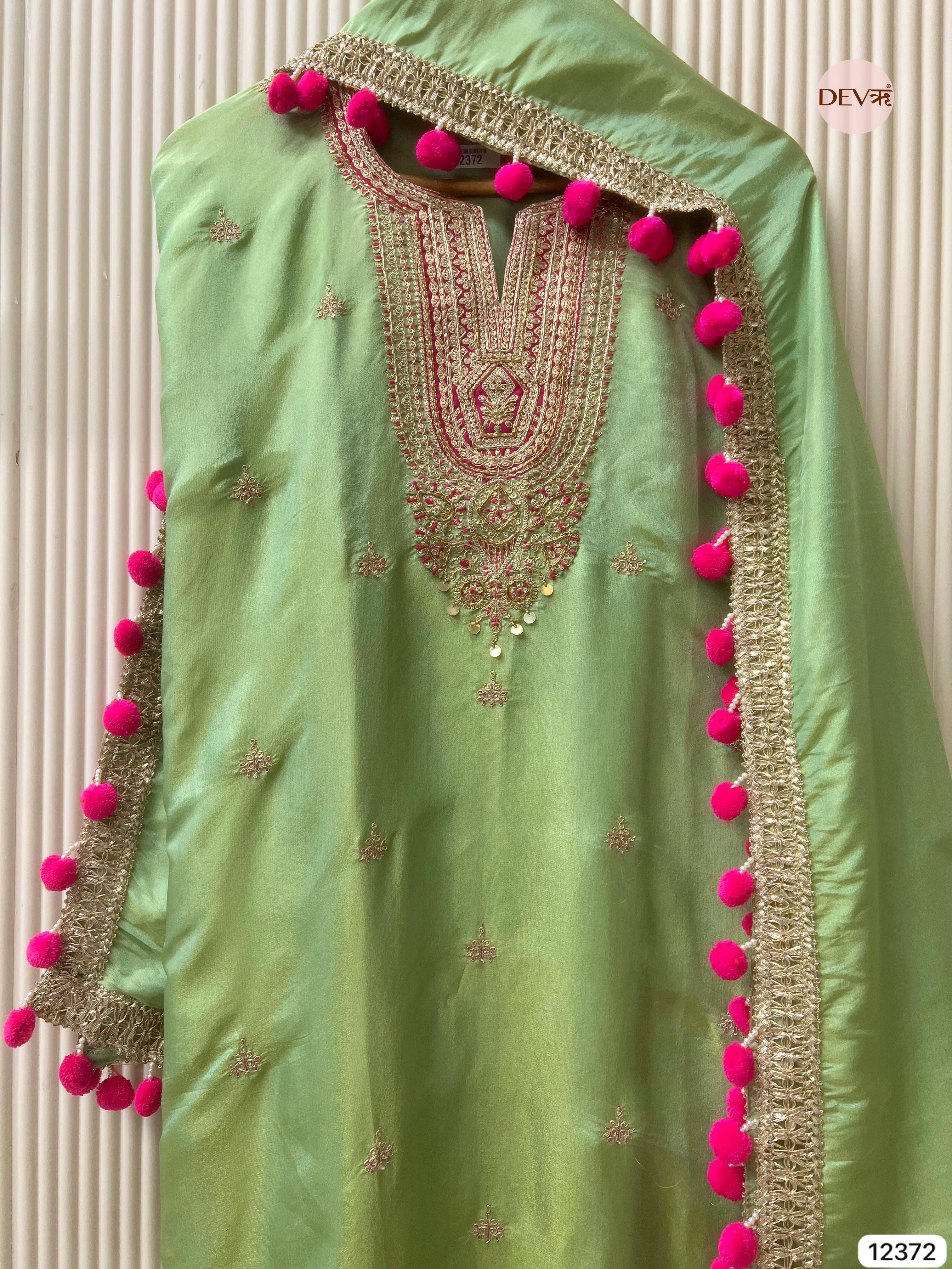 Mint Green Shimmer Silk Embellished Unstitched 3-Piece Suit (Devri – D.No 12372)