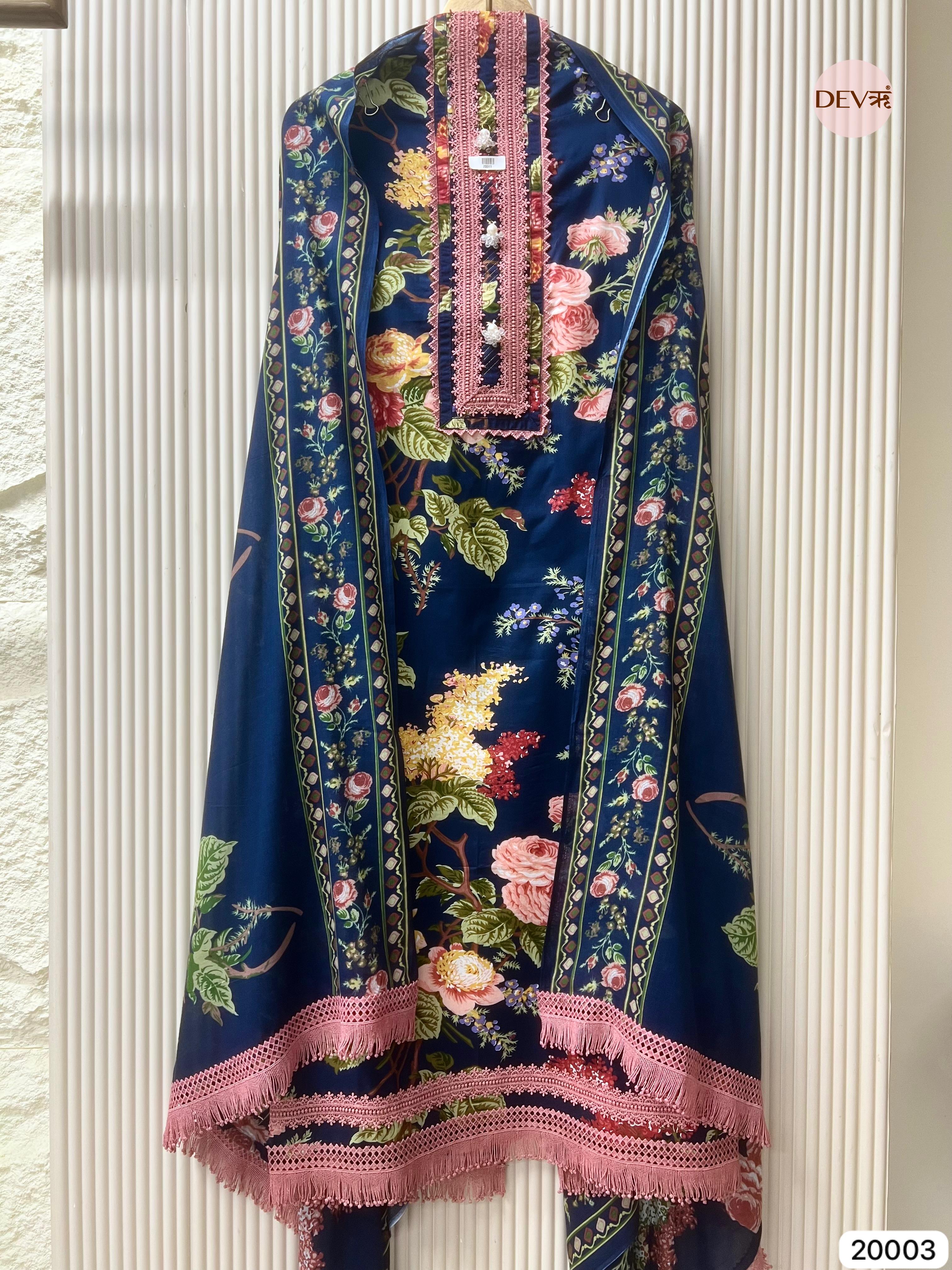 Indigo Meadow Pure Cotton Printed Unstitched 3-Piece Suit (Devri – D.No 20003)