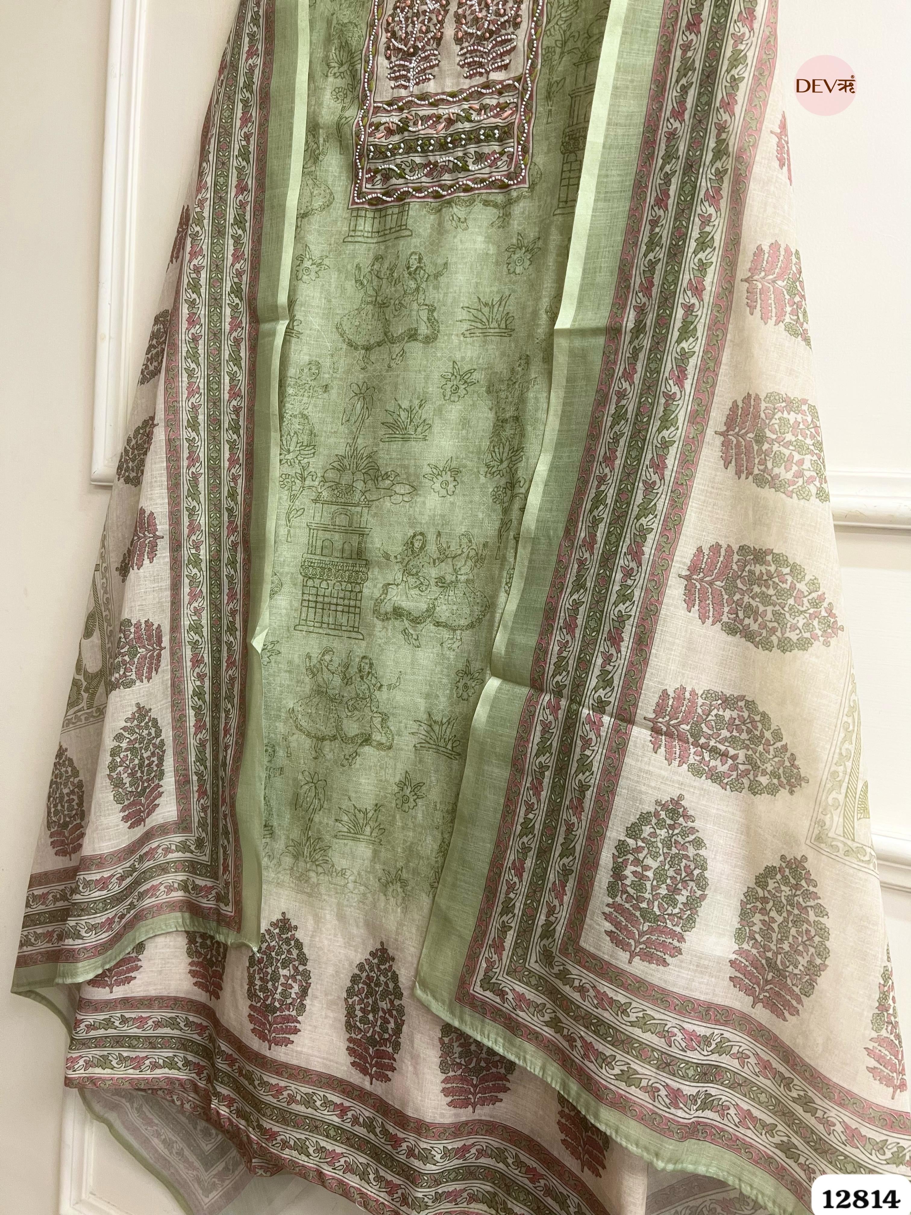 Sage Linen Cotton Printed Unstitched 3-Piece Suit (Devri – D.No 12814)