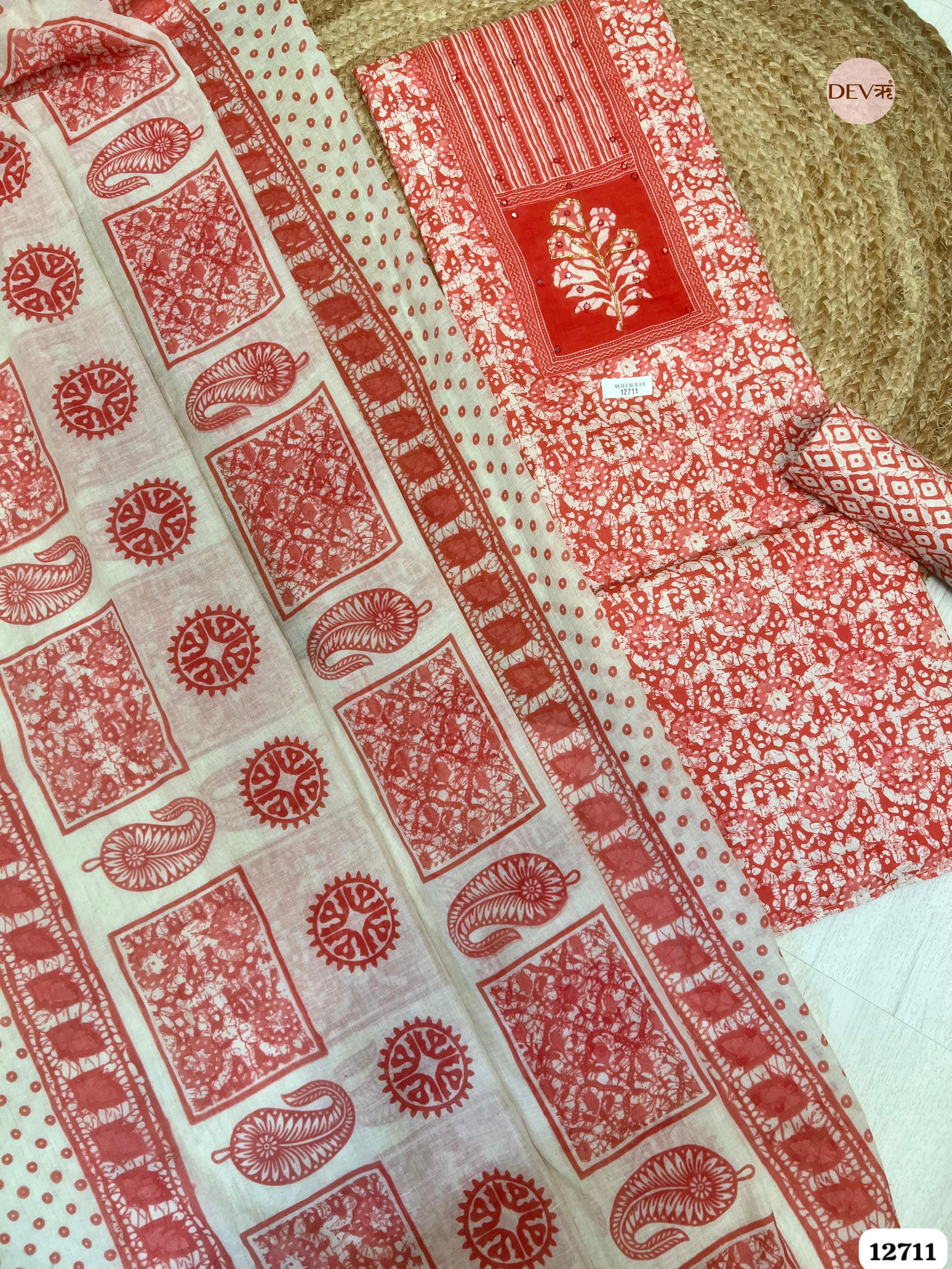 Coral Red Cotton Printed Unstitched 3-Piece Suit (Devri – D.No 12711)