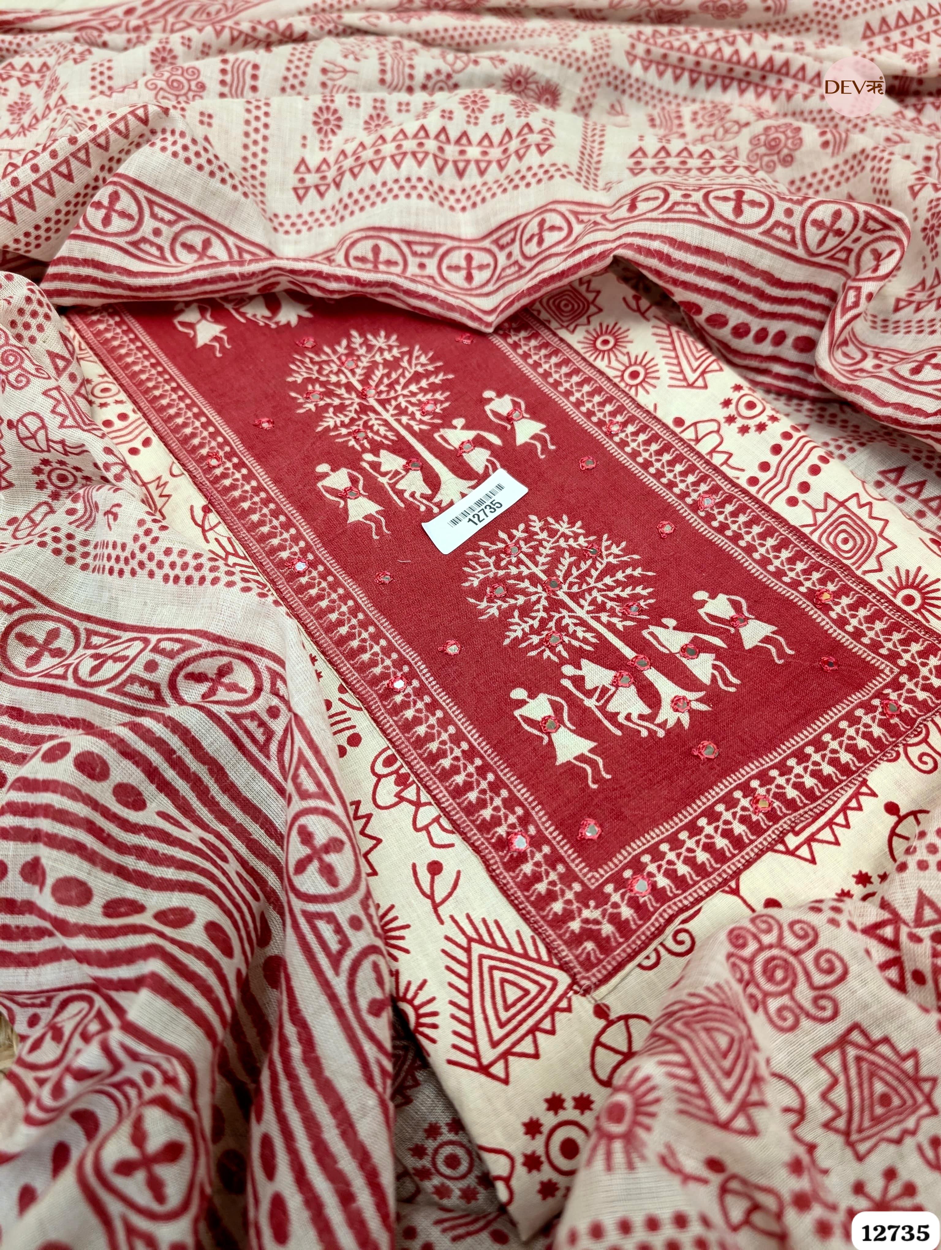 Maroon and Ivory Cotton Printed Unstitched 3-Piece Suit (Devri – D.No 12735)