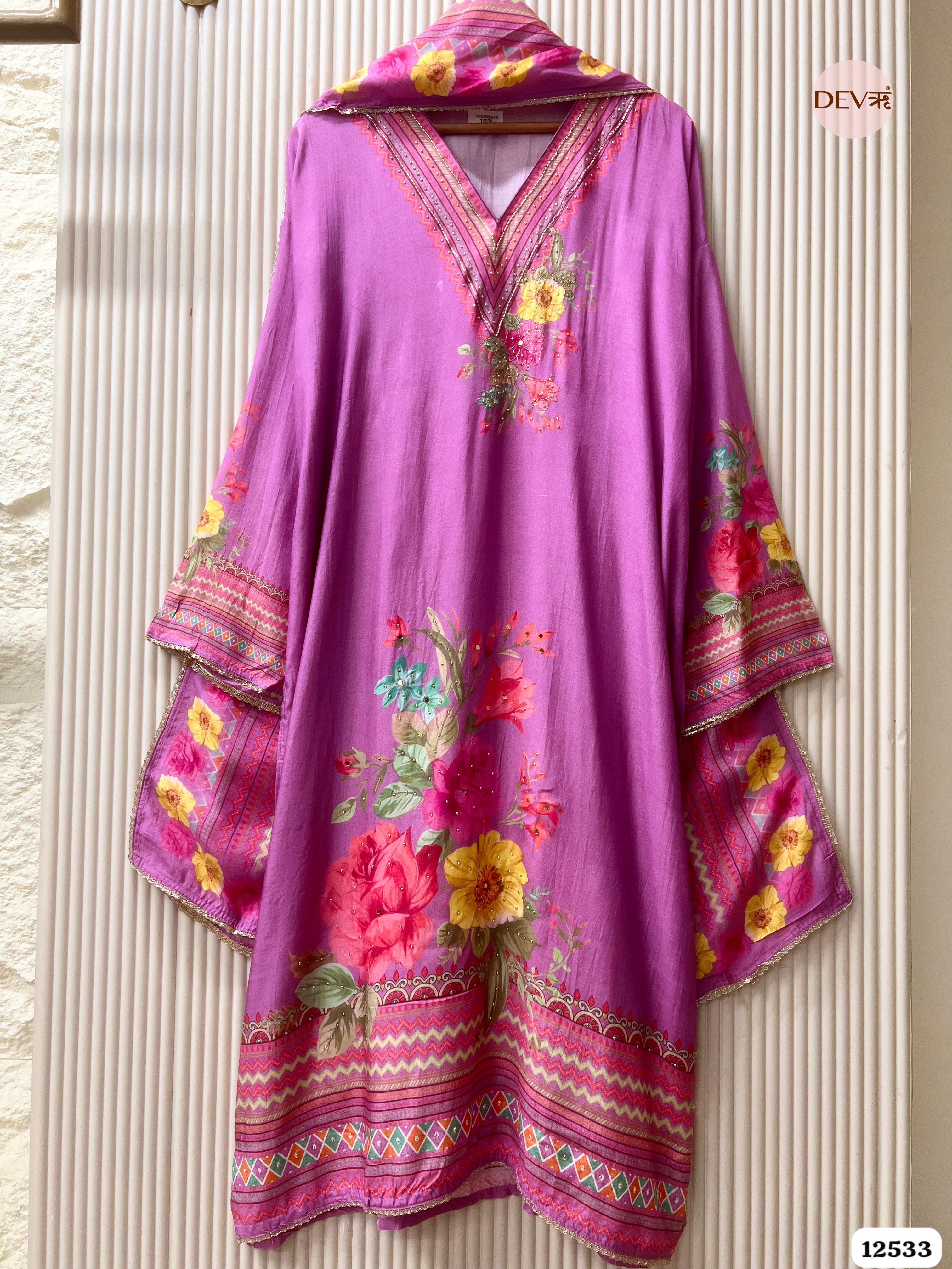 Rose Pink Muslin Printed Unstitched 3-Piece Suit (Devri – D.No. 12533)