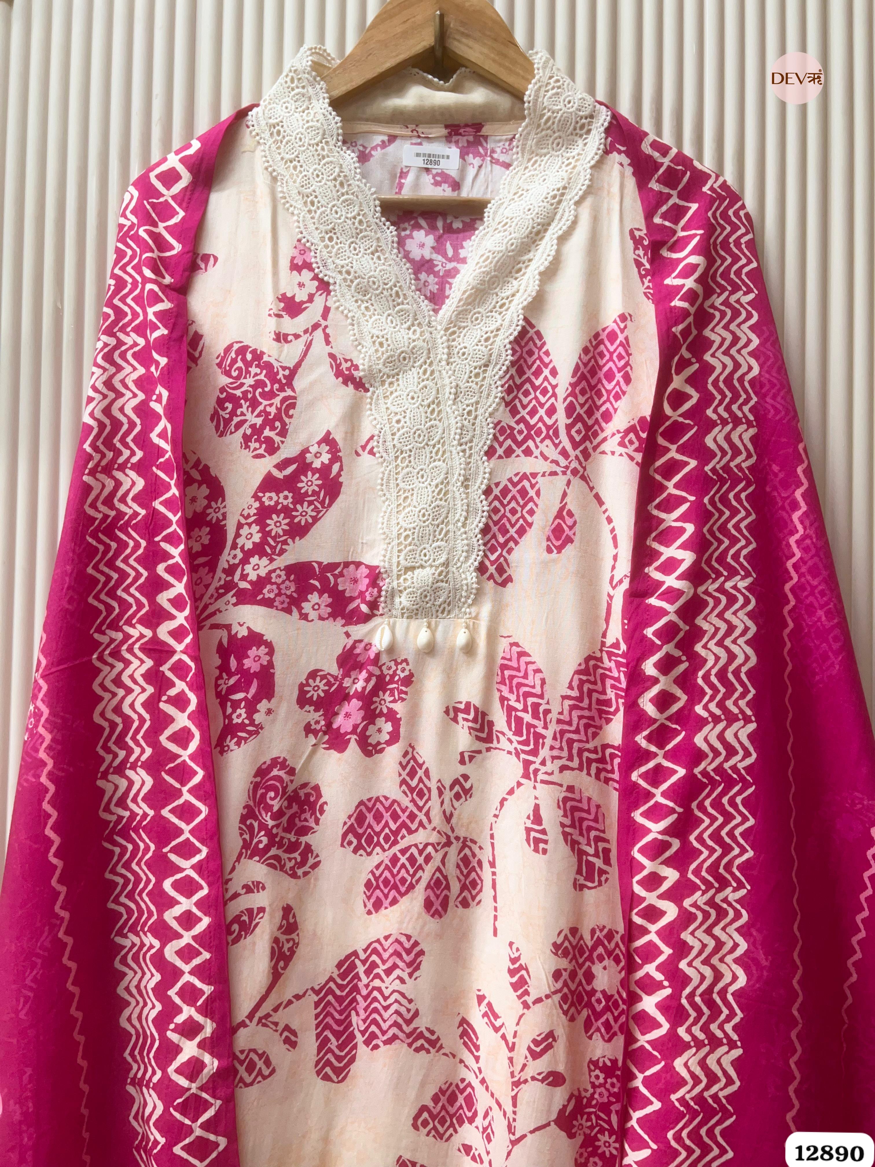 Pink Muslin Printed Unstitched 3-Piece Suit (Devri – D.No 12890)