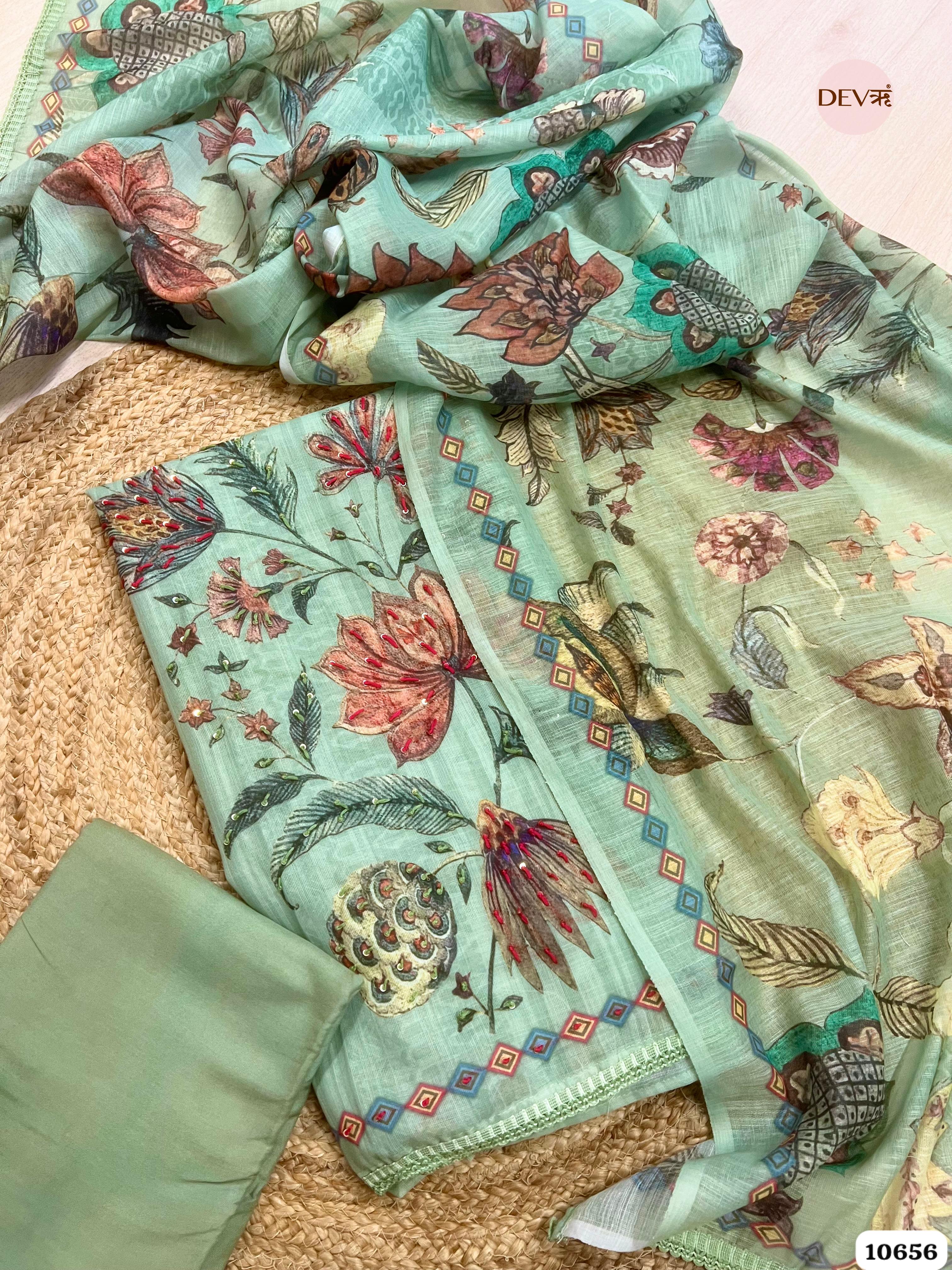 Mint Green Linen Printed Unstitched 3-Piece Suit (Devri – D.No. 10656)