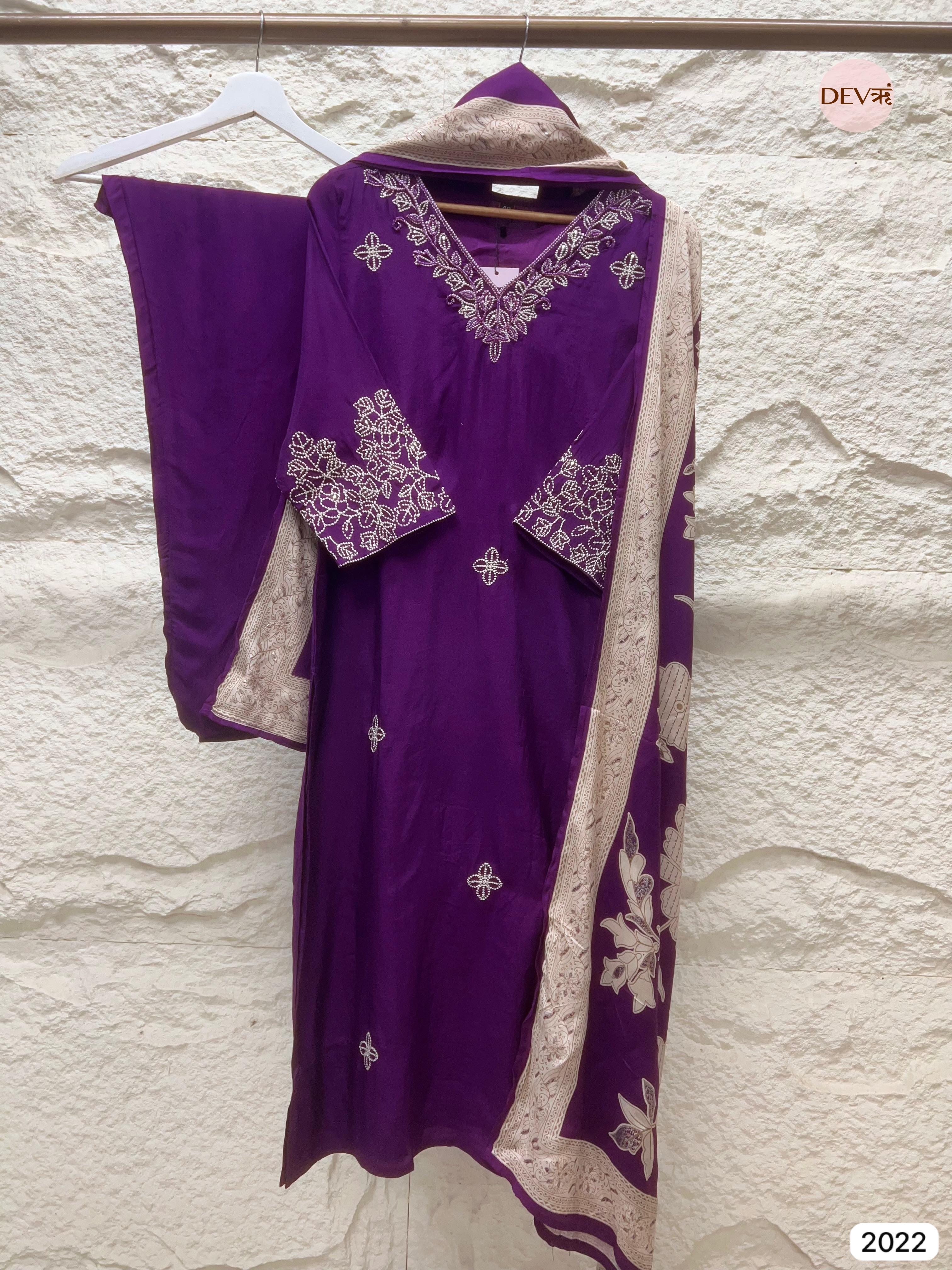 Purple Embroidered Muslin 3-Piece Set - {2022}