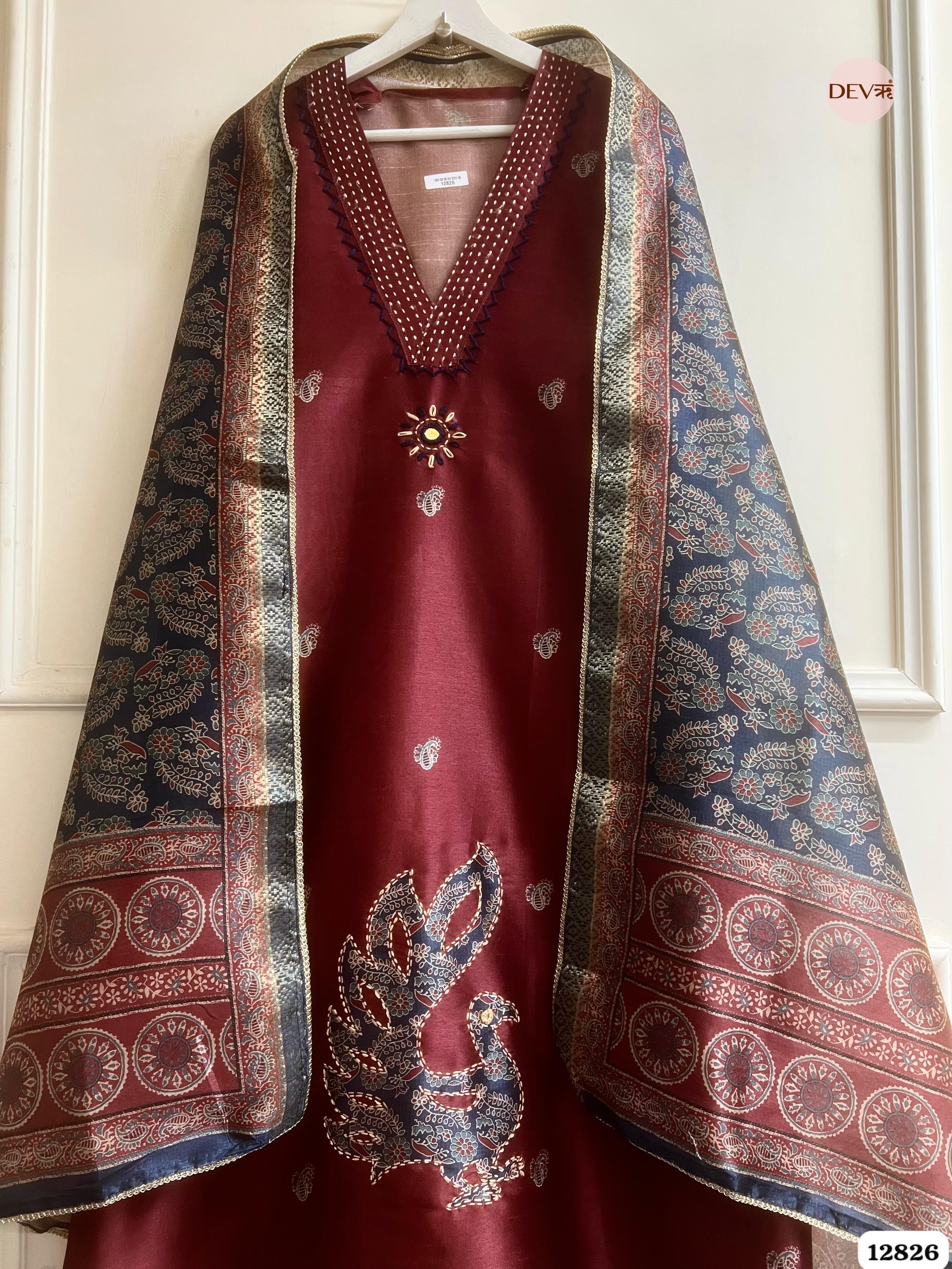 Maroon Chanderi Silk Printed Unstitched 3-Piece Suit (Devri – D.No 12826)