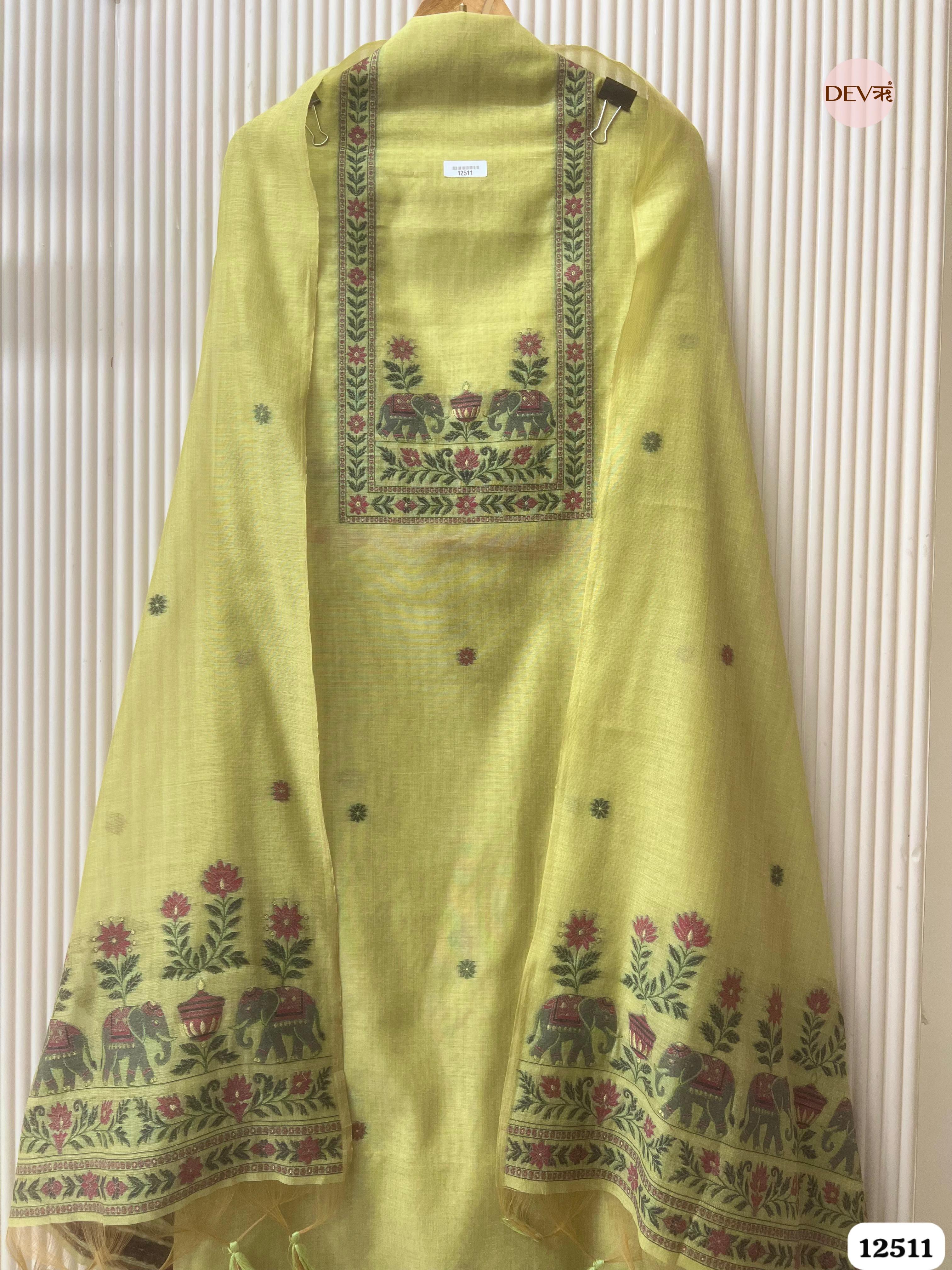 Lime Green Jamdani Embroidered Unstitched 3-Piece Suit (Devri – D.No 12511)