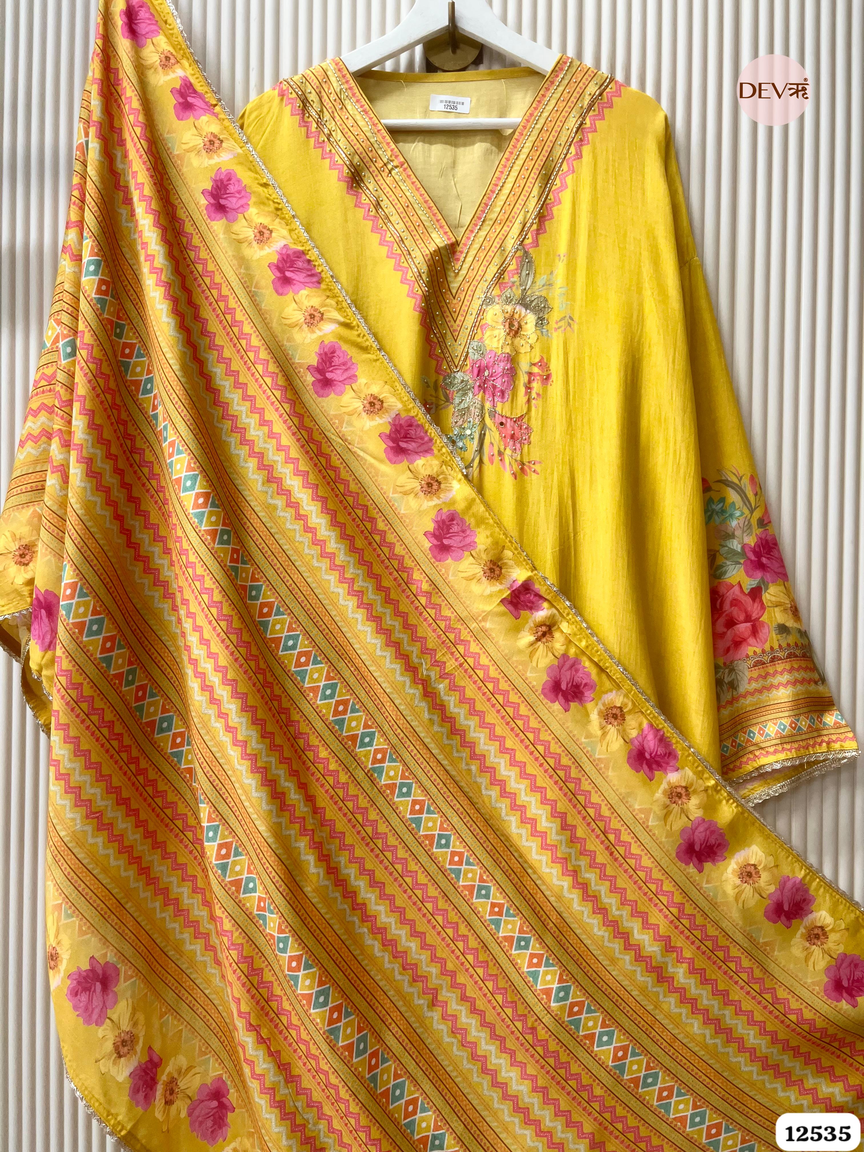Yellow Muslin Printed Unstitched 3-Piece Suit (Devri – D.No. 12535)