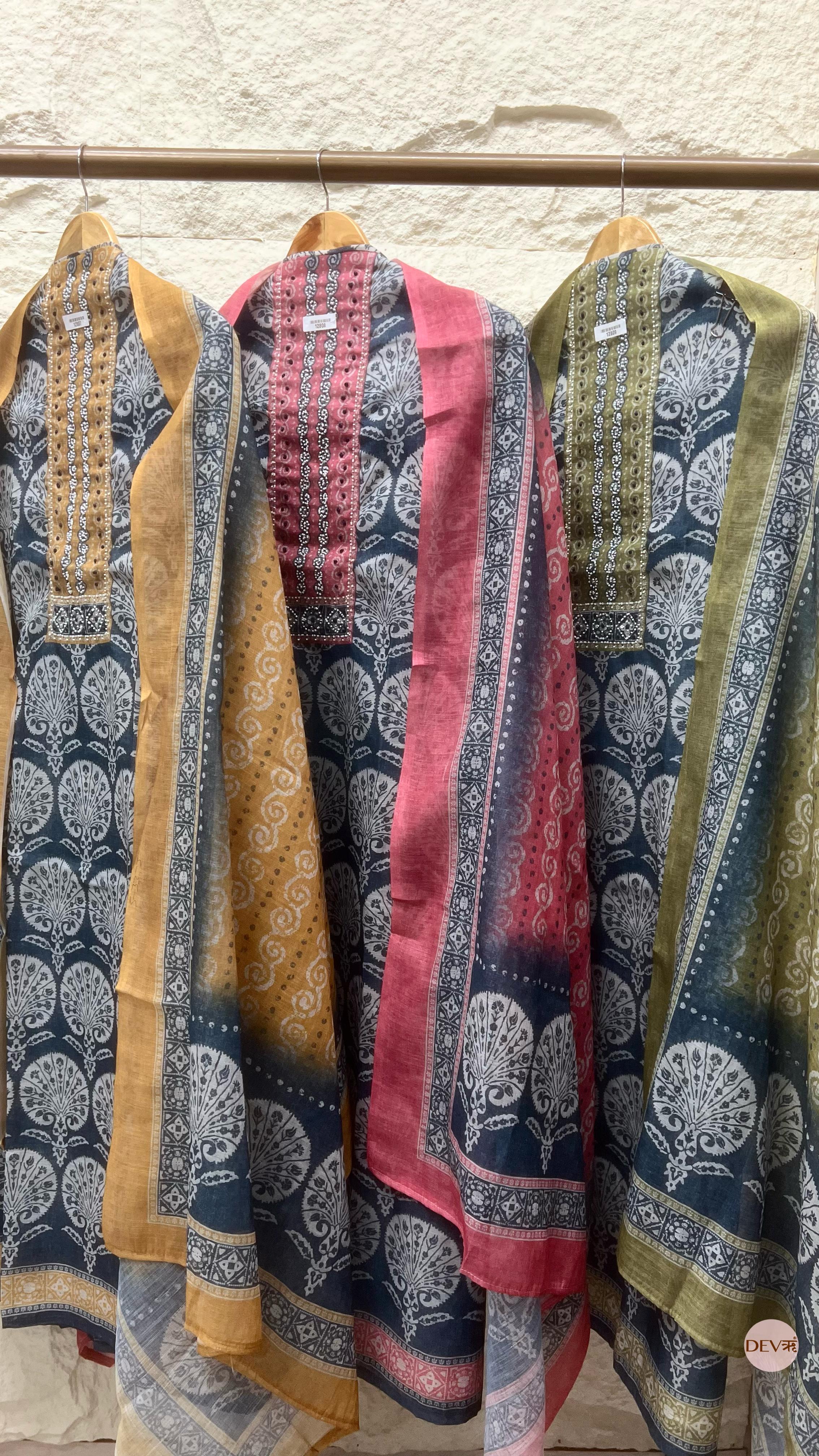 Olive Linen Cotton Printed Unstitched 3-Piece Suit (Devri – D.No 12809)