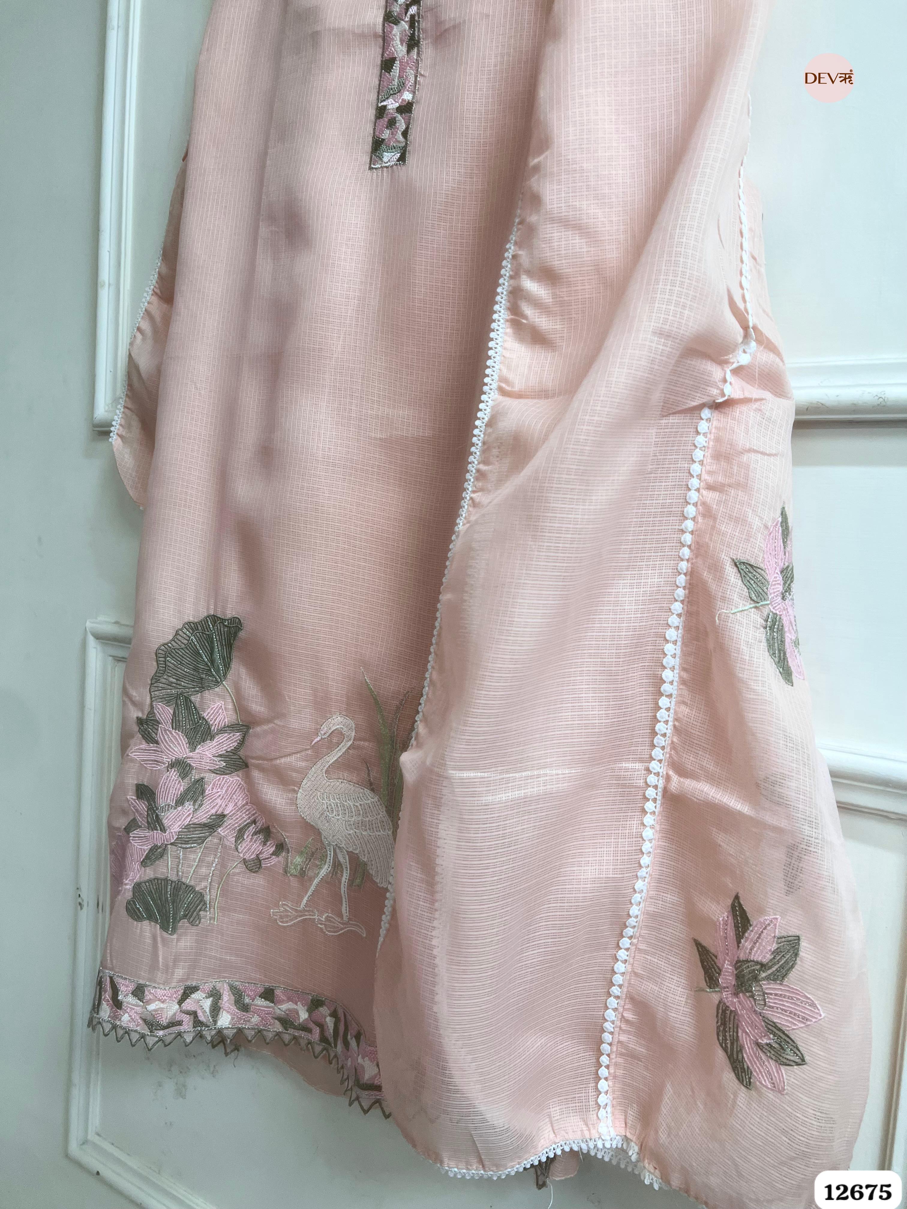 Peach Kota Embroidered Unstitched 3-Piece Suit (Devri – D.No 12675)