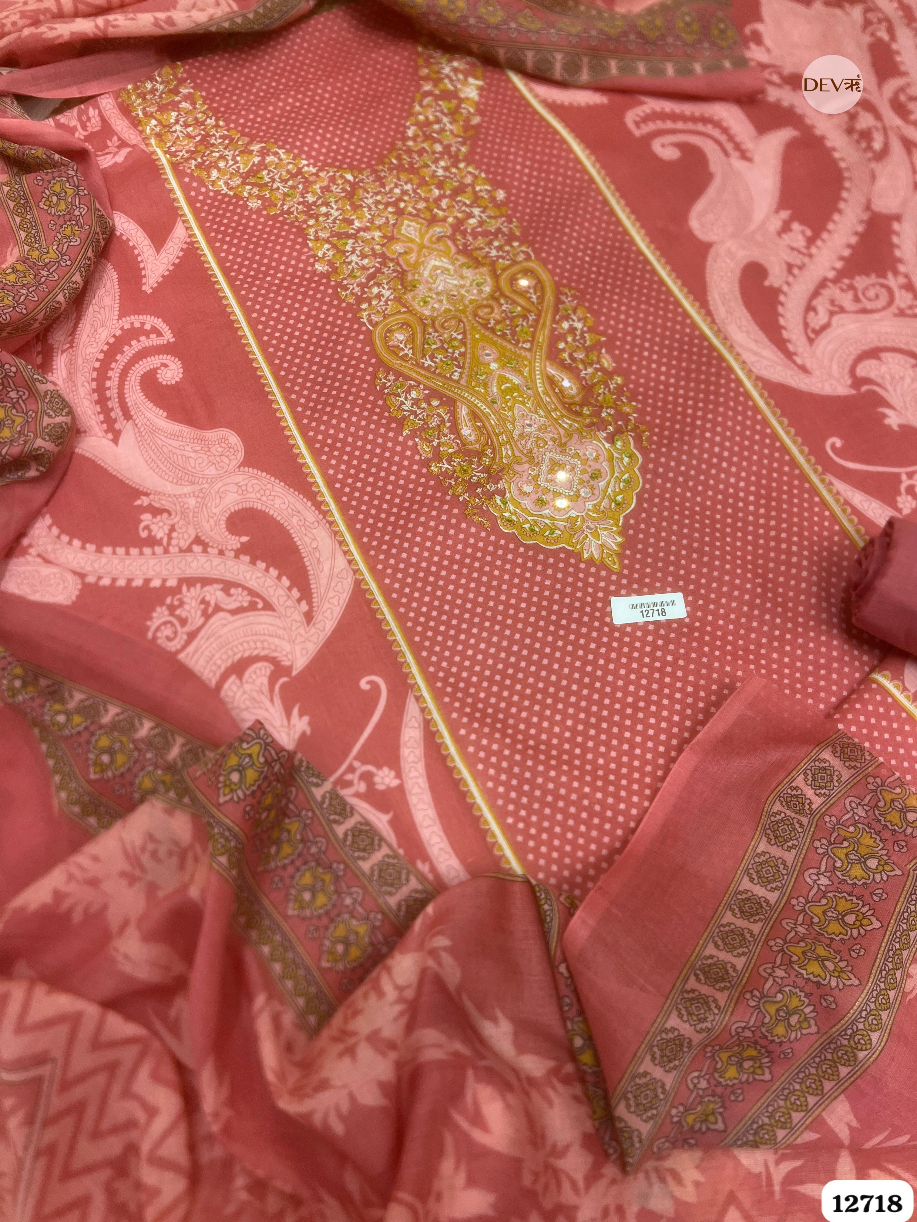Pink Cotton Printed Unstitched 3-Piece Suit (Devri – D.No 12718)