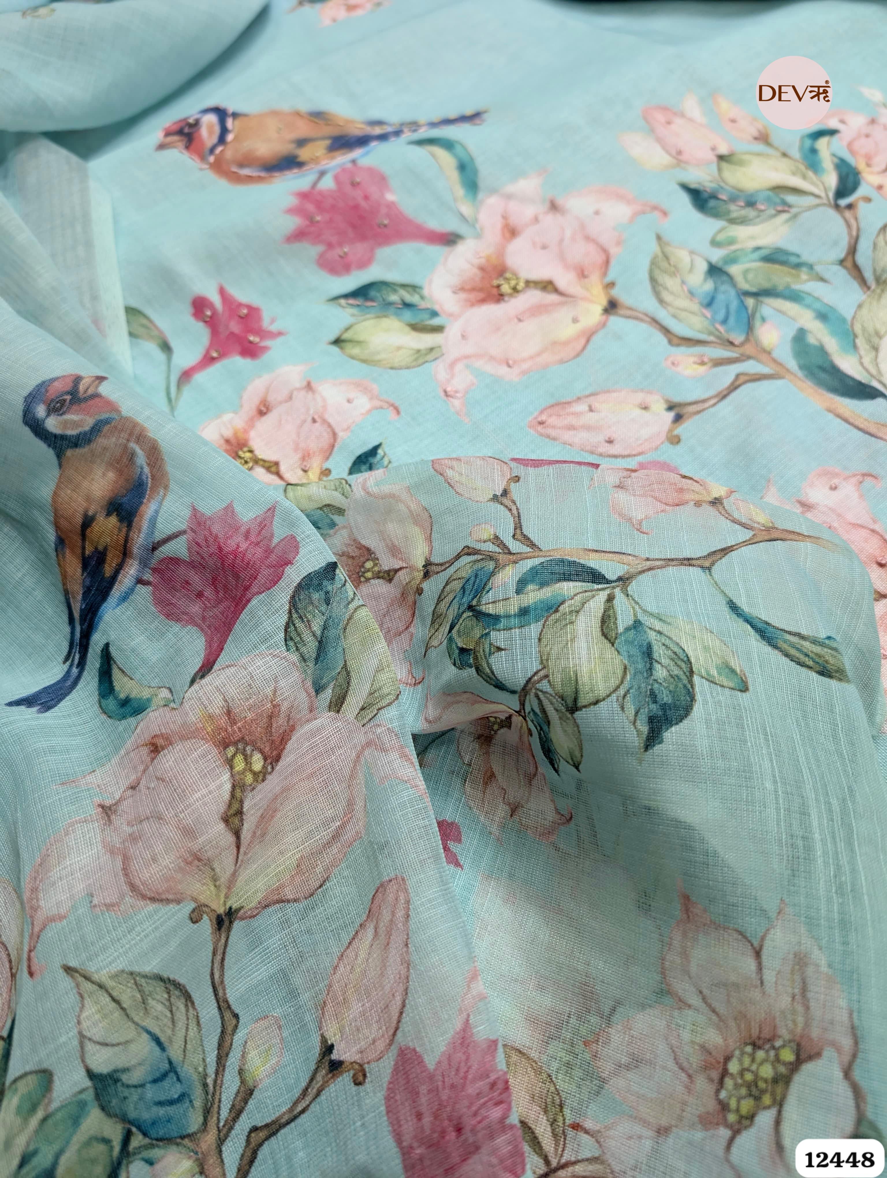 Aqua Blue Linen Cotton Printed Unstitched 3-Piece Suit (Devri – D.No.12448)