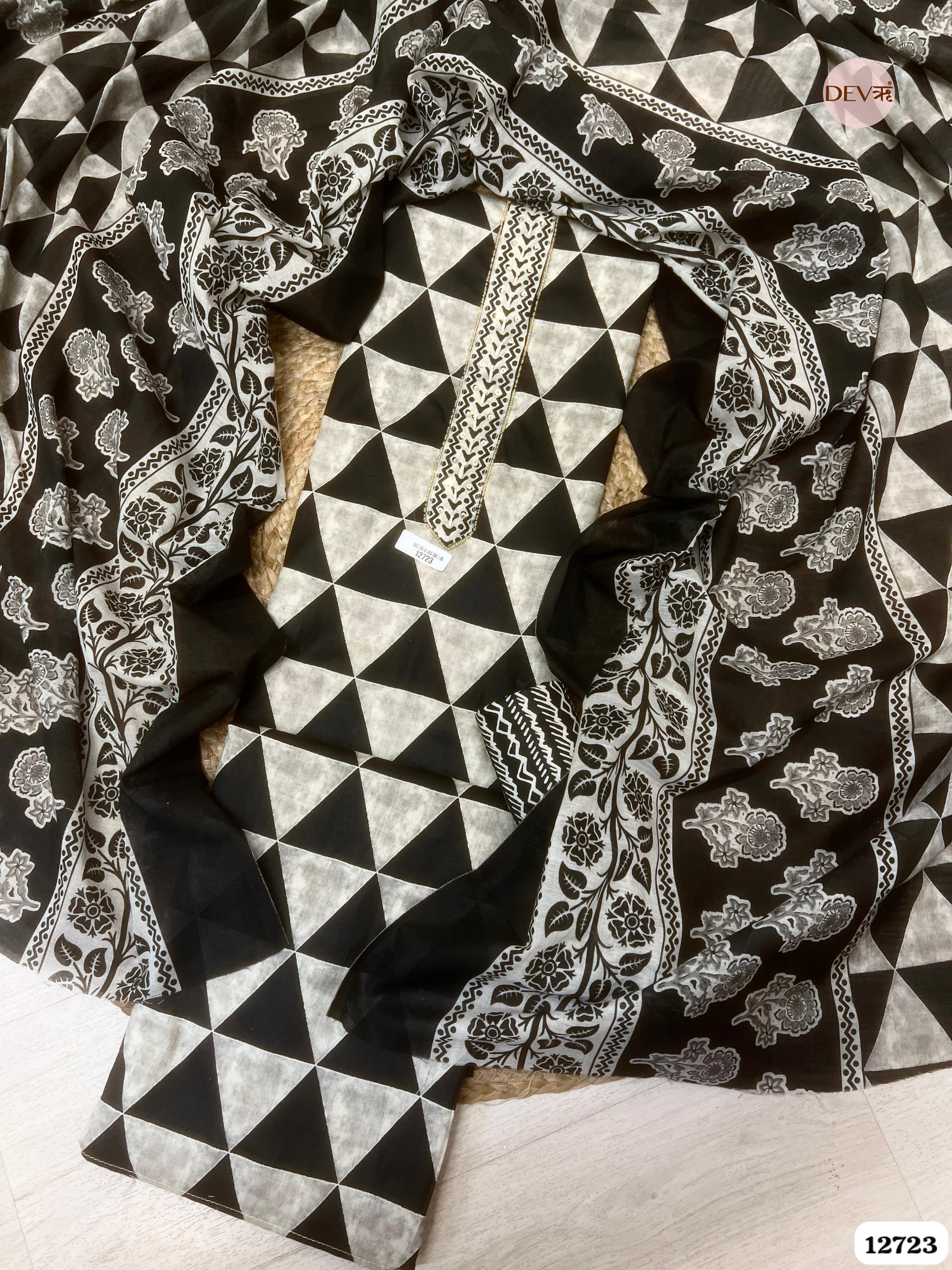 Black Cotton Printed Unstitched 3-Piece Suit (Devri – D.No 12723)