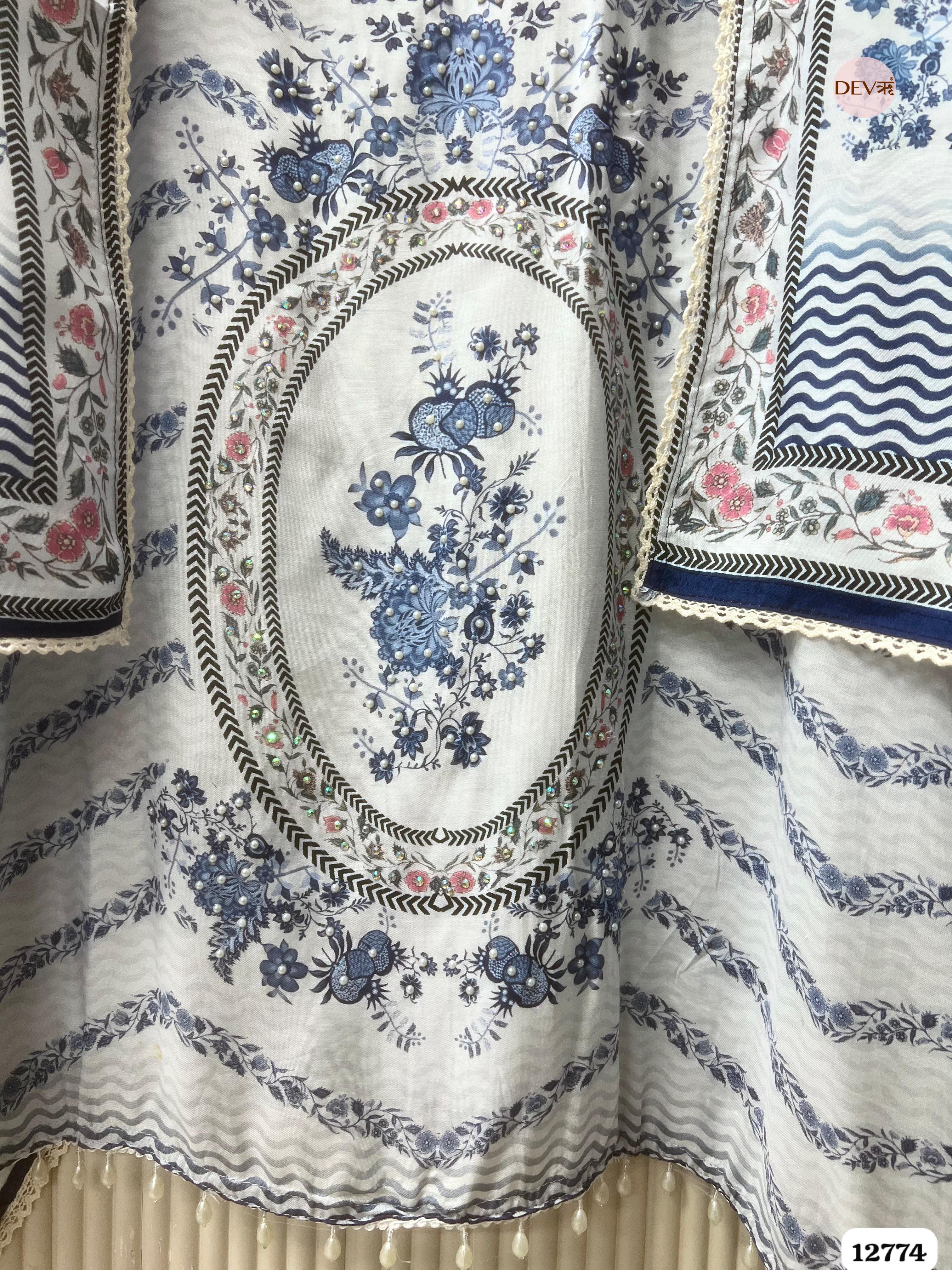 White and Blue Muslin Printed Unstitched 3-Piece Suit (Devri – D.No 12774)