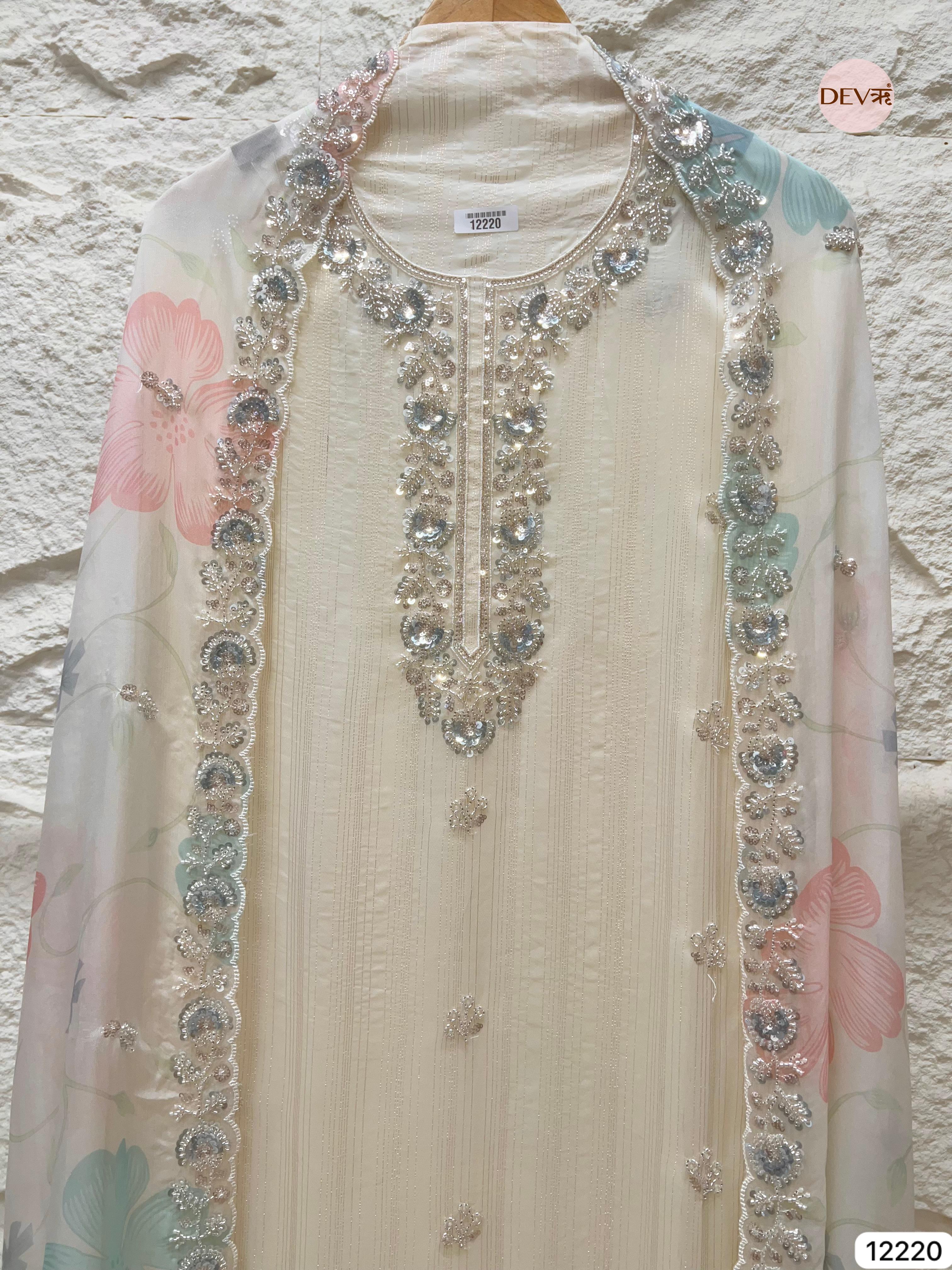Ivory Pure Organza Hand-Embroidered Unstitched 3-Piece Suit (Devri – D.No 12220)
