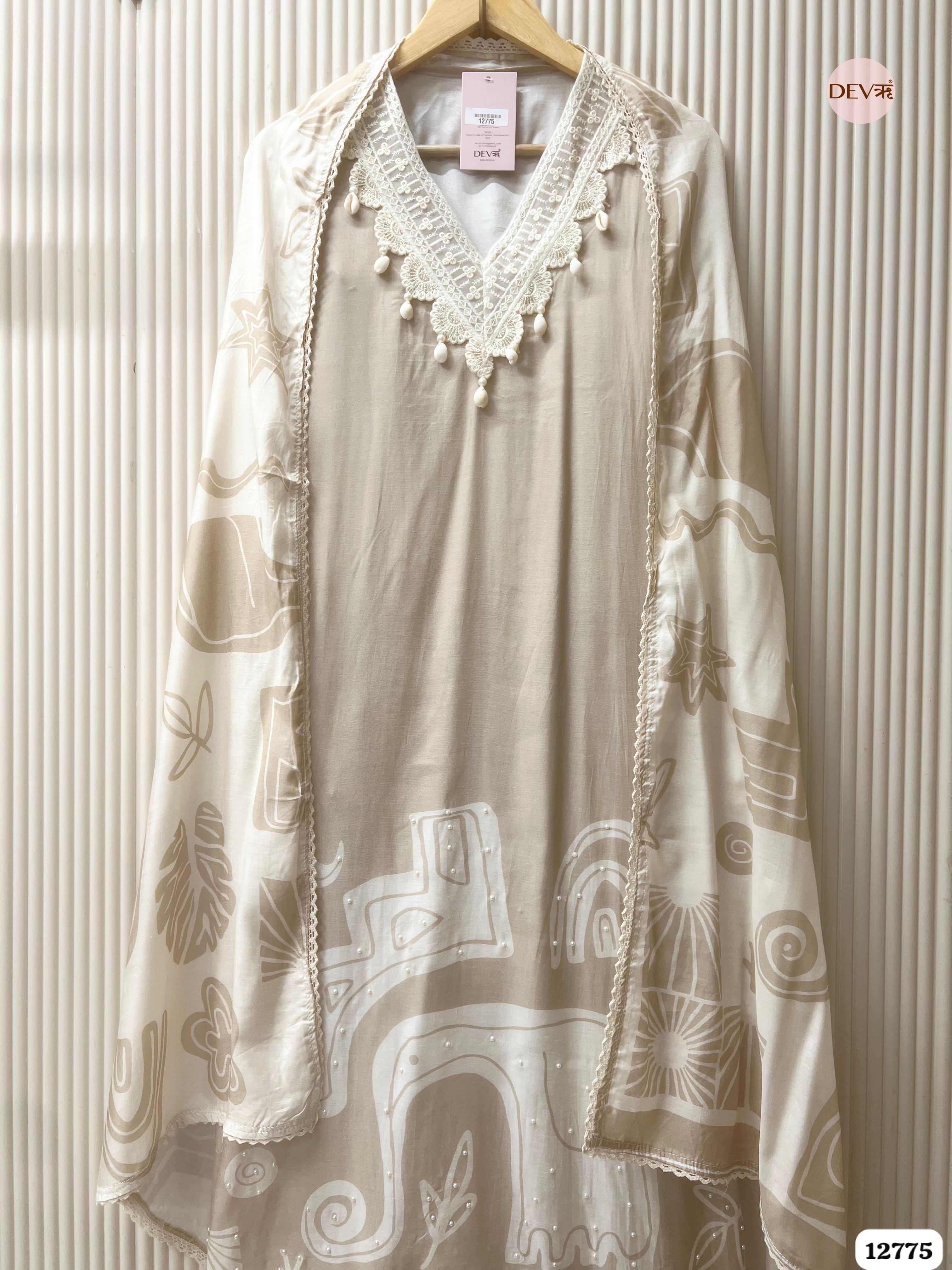 Beige Muslin Printed Unstitched 3-Piece Suit (Devri – D.No 12775)