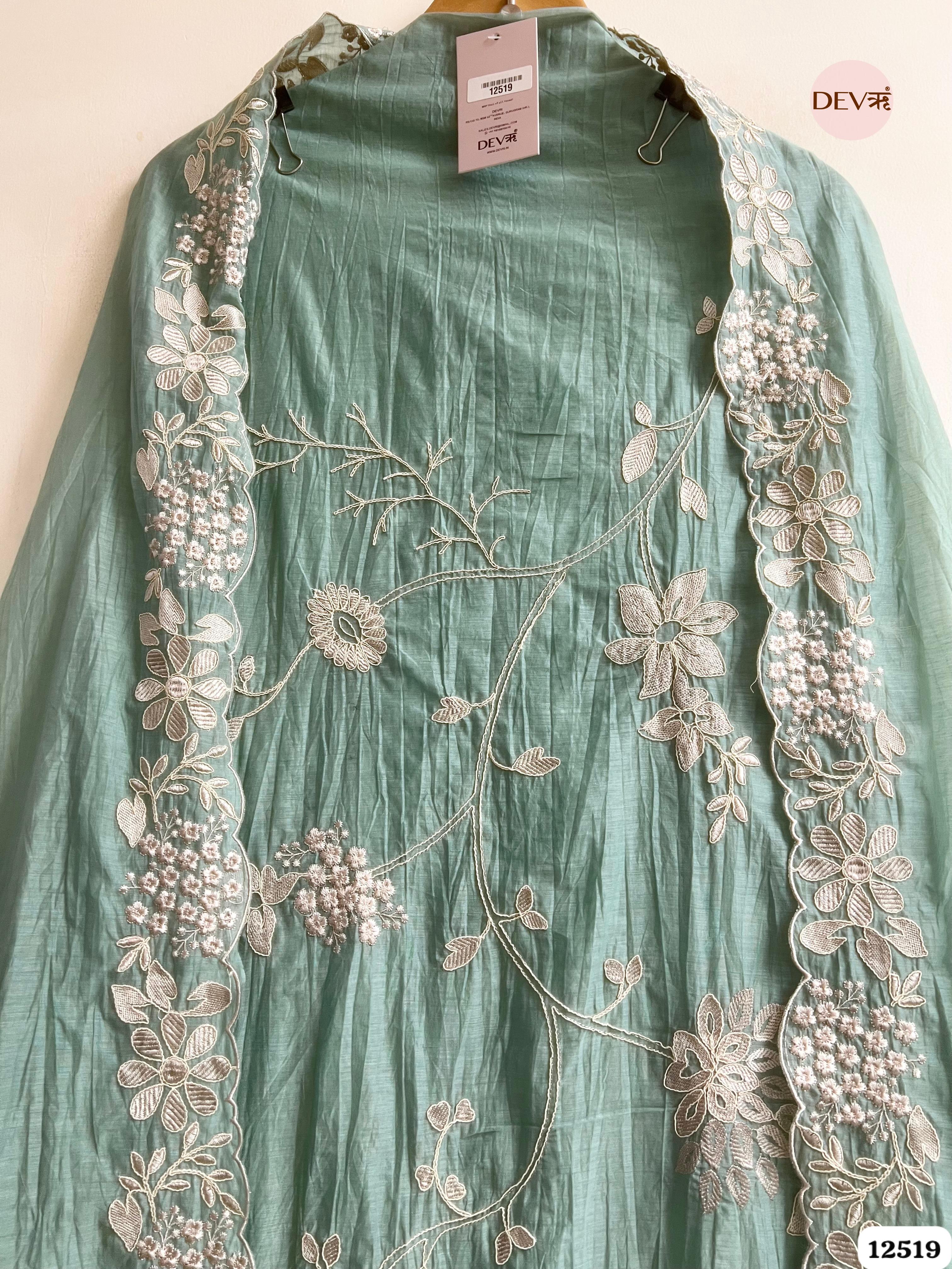 Sea Green Mul Cotton Embroidered Unstitched 3-Piece Suit (Devri – D.No 12519)