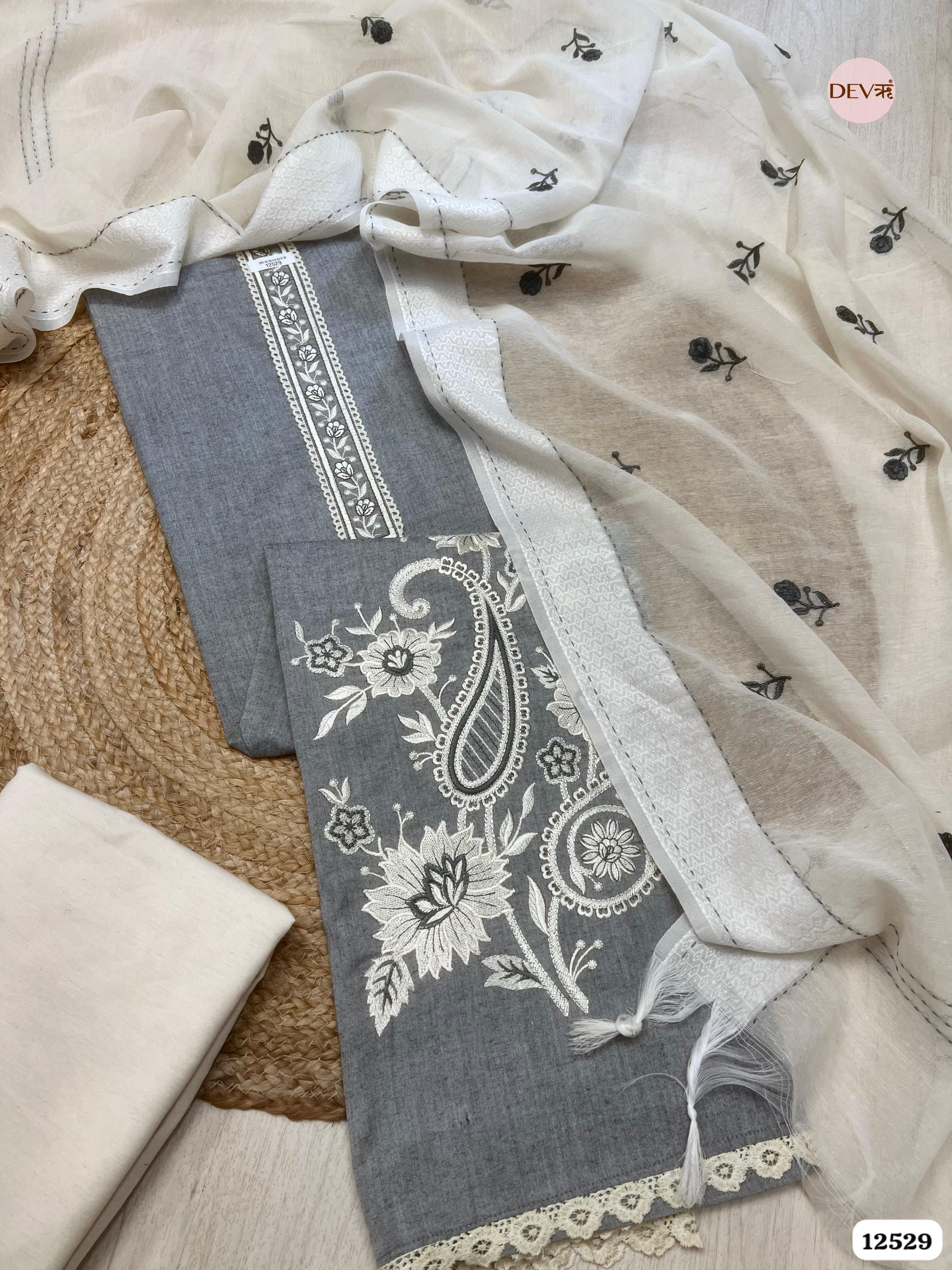 Slate Grey Handloom Cotton Embroidered Unstitched 3-Piece Suit (Devri – D.No. 12529)