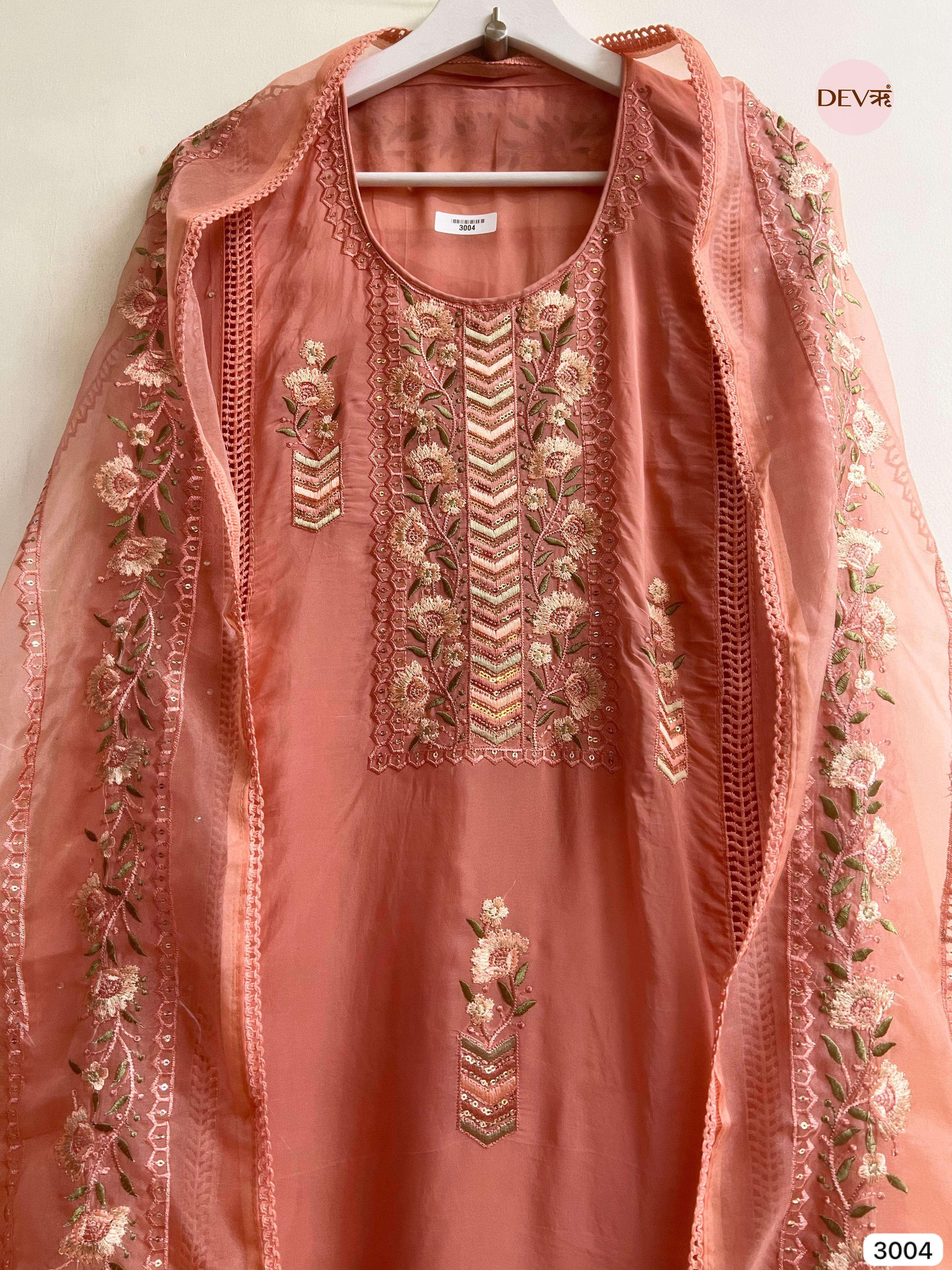 Peach Organza Embroidered Unstitched 3-Piece Suit (Devri – D.No 3004)