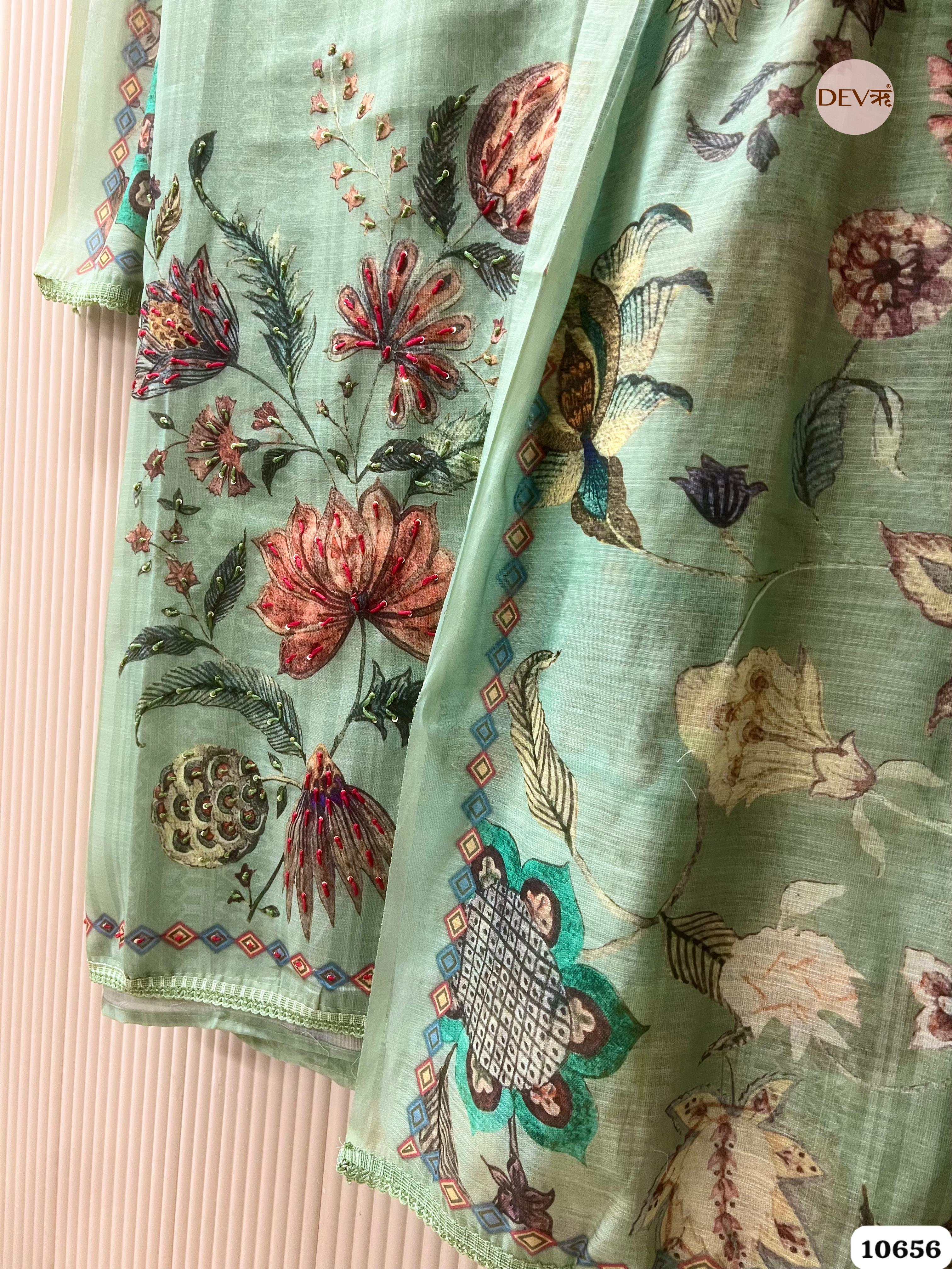 Mint Green Linen Printed Unstitched 3-Piece Suit (Devri – D.No. 10656)