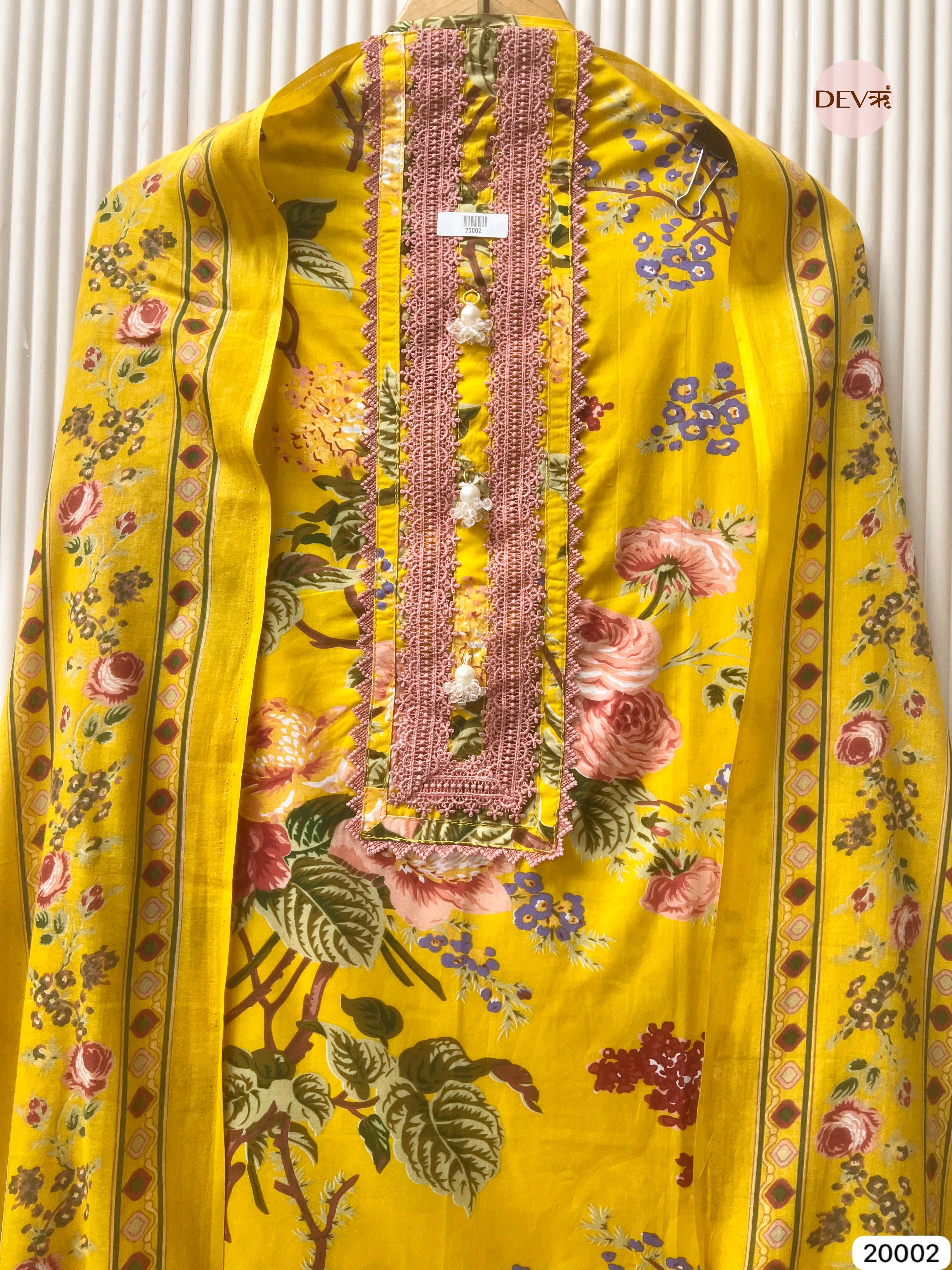 Yellow Pure Cotton Printed Unstitched 3-Piece Suit (Devri – D.No 20002)