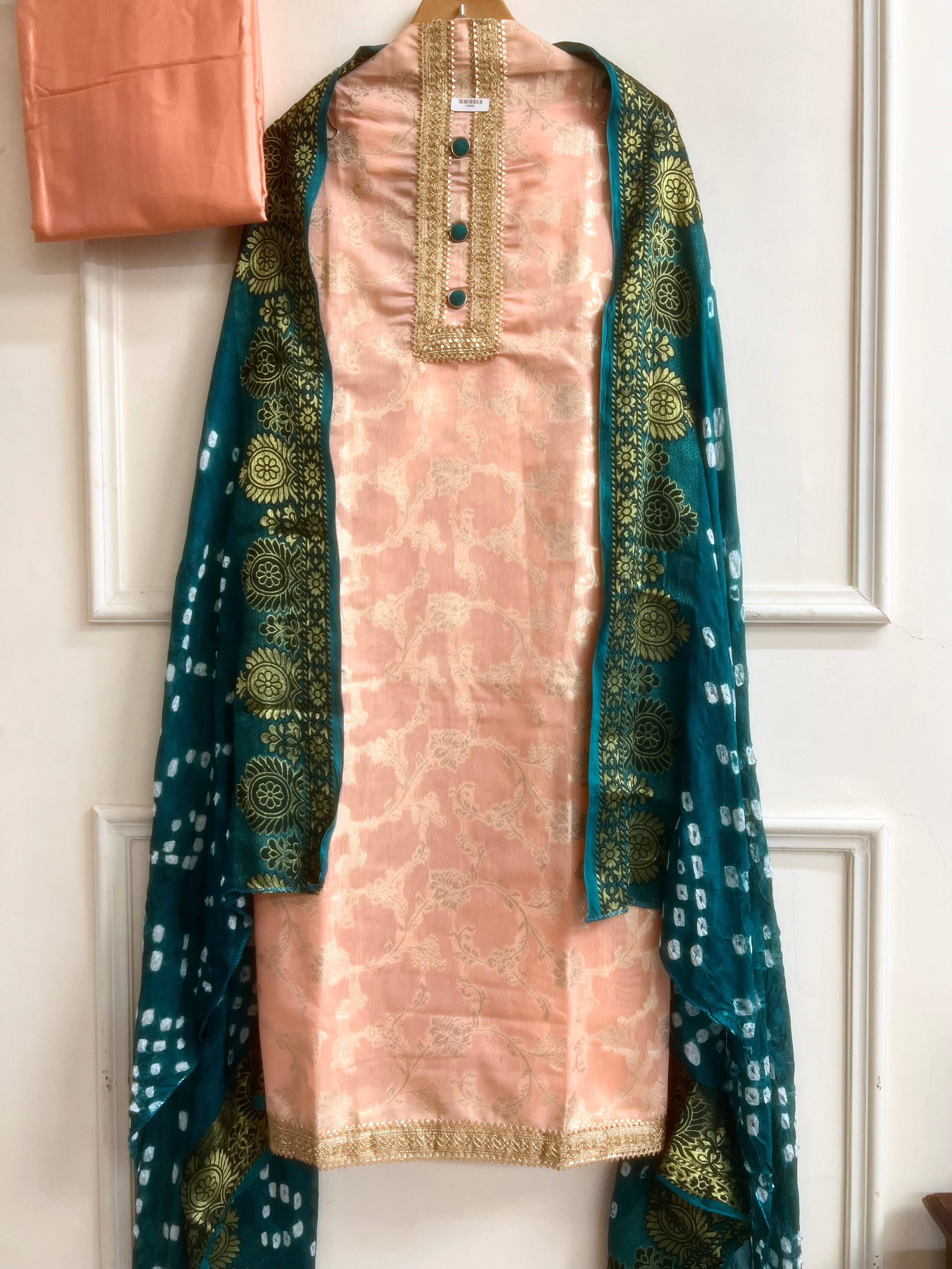 Peach Silk Blend Printed Unstitched 3-Piece Suit (Devri – D.No 13400)