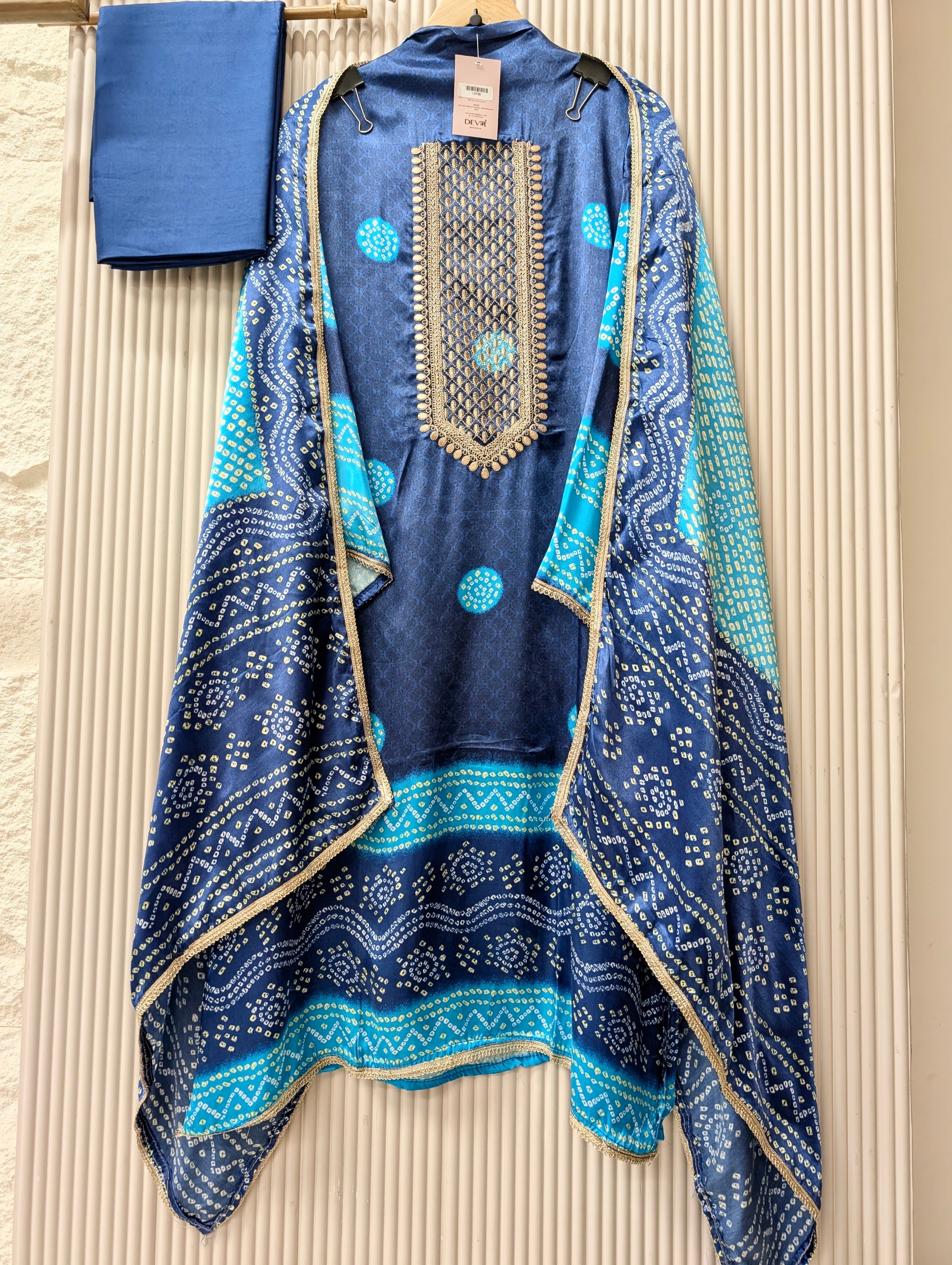 Blue Gajji Silk Printed Unstitched 3-Piece Suit (Devri – D.No 13726)