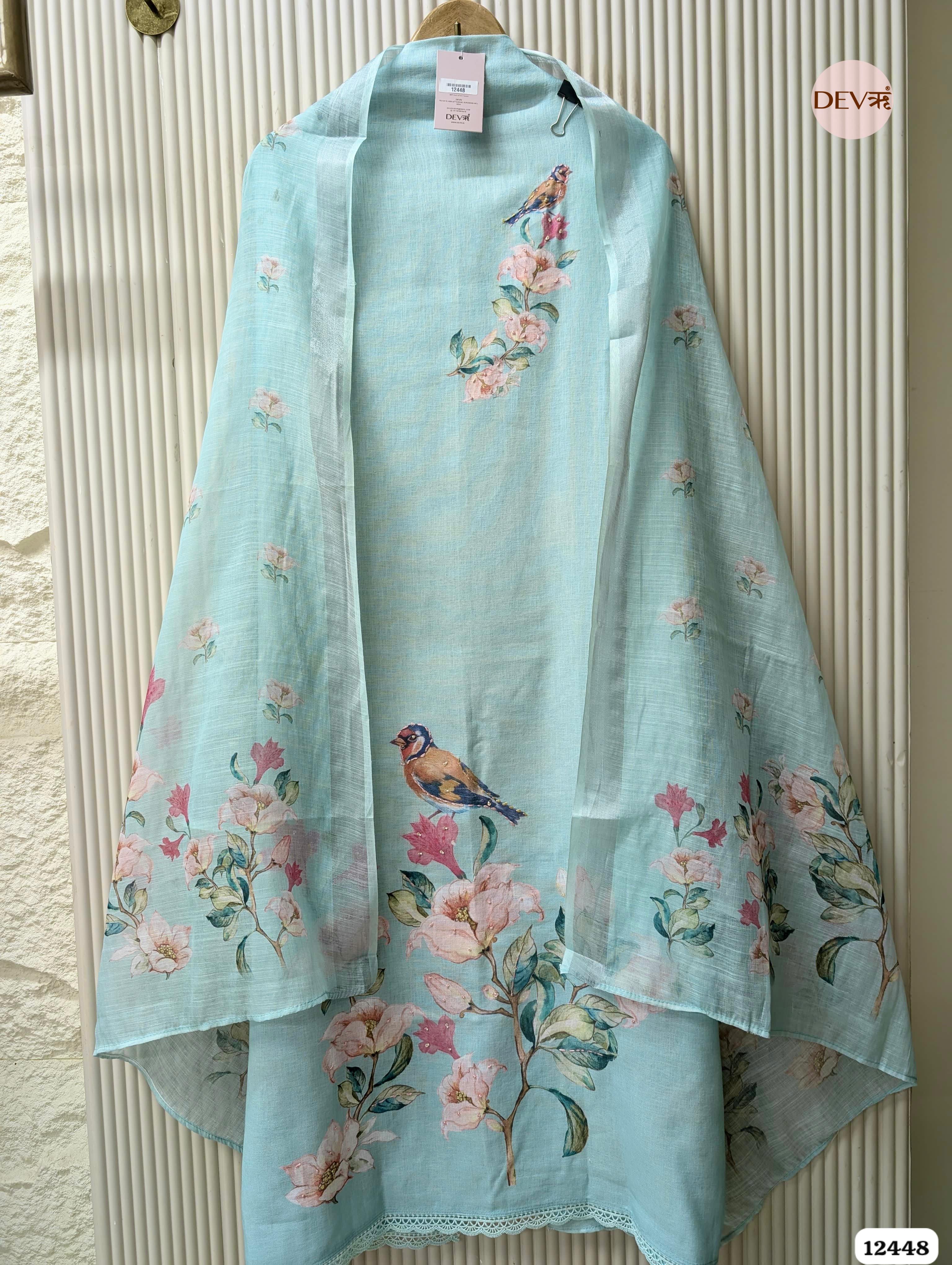 Aqua Blue Linen Cotton Printed Unstitched 3-Piece Suit (Devri – D.No.12448)