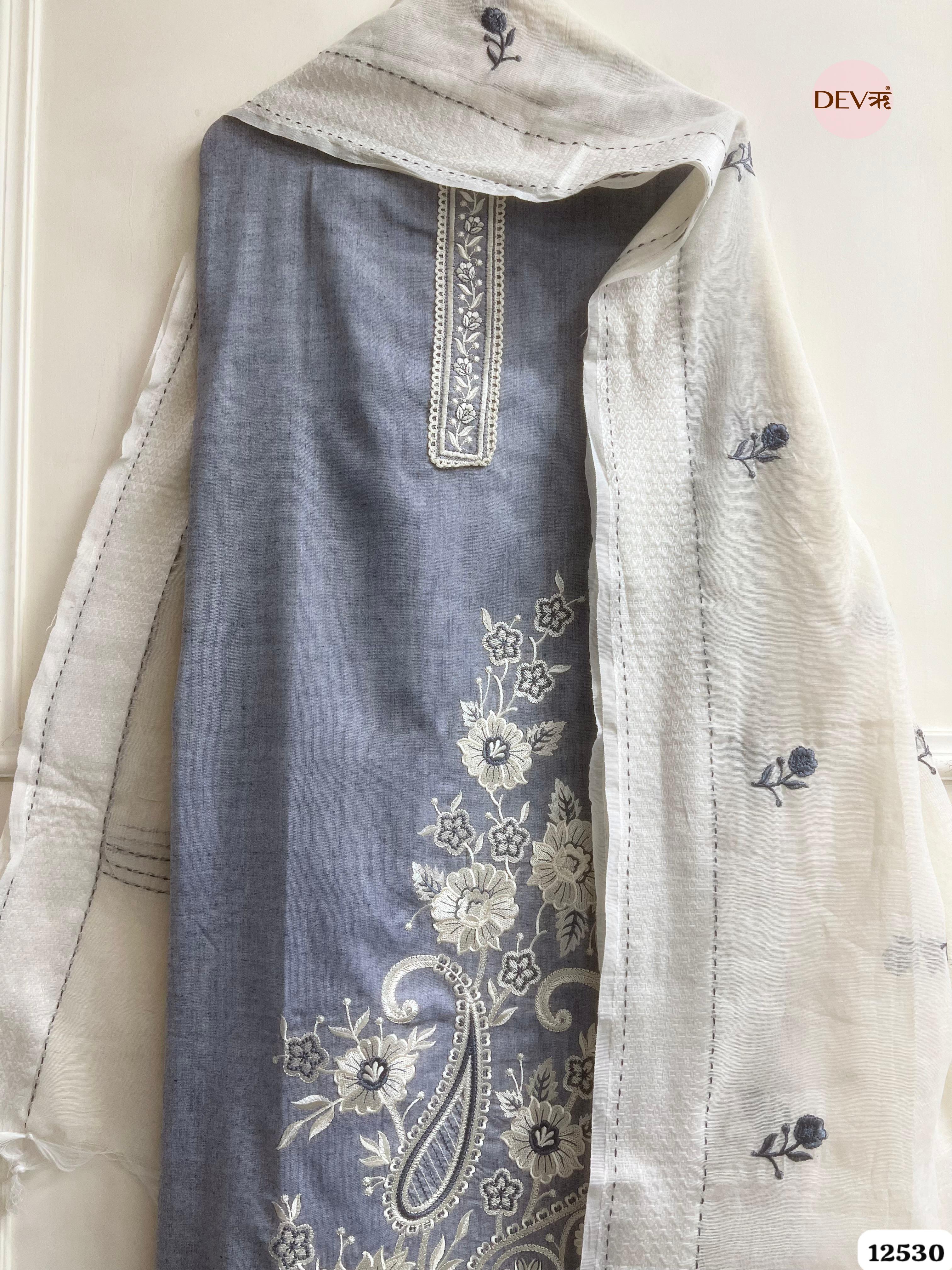 Grey Handloom Cotton Embroidered Unstitched 3-Piece Suit (Devri – D.No 12530)