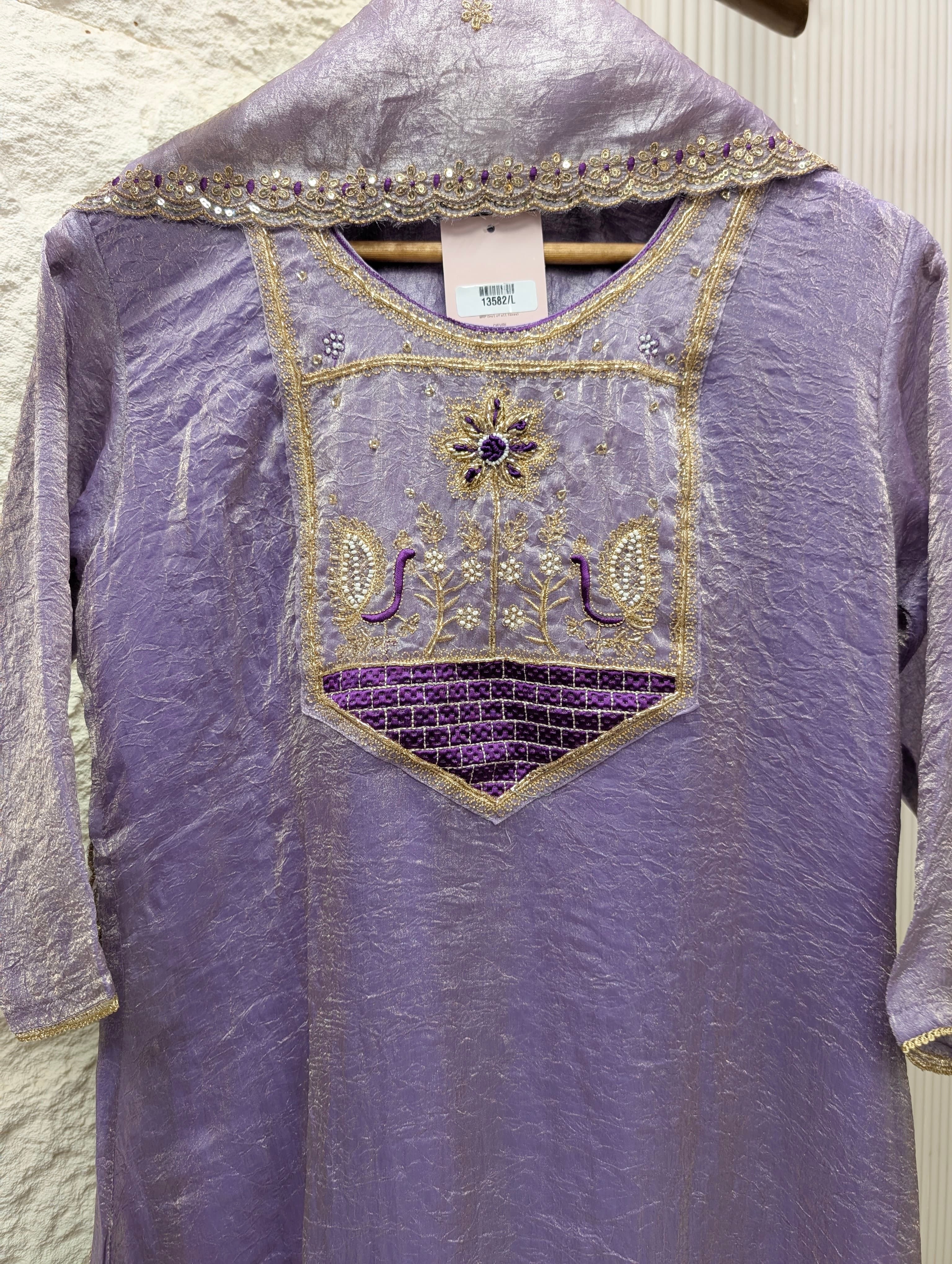 Meher Tissue Silk Embroidered Lavender 3-Piece Set (Devri – D.No 13582)