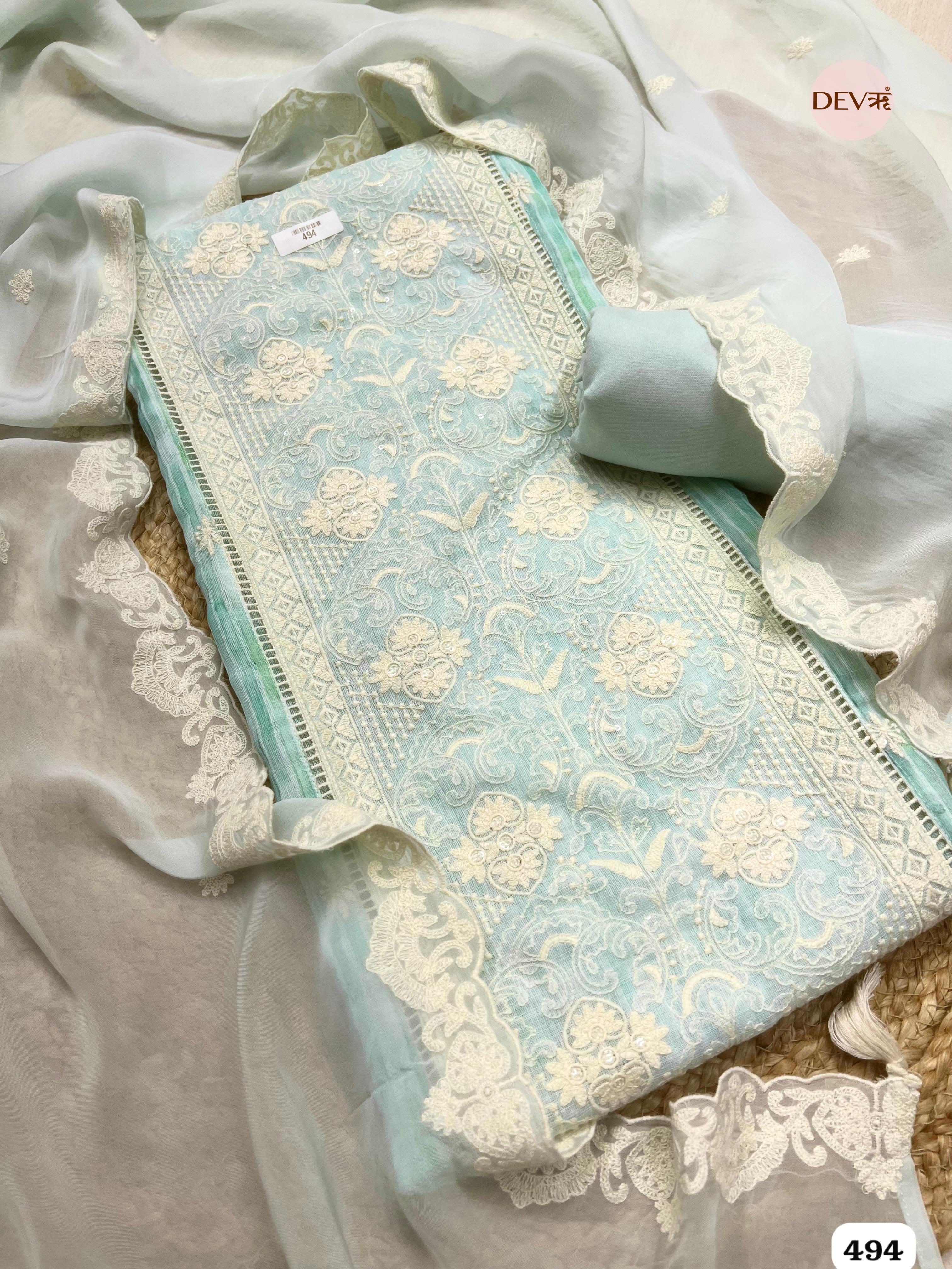 Mint Green Linen Embroidered Unstitched 3-Piece Suit (Devri – D.No. 494)