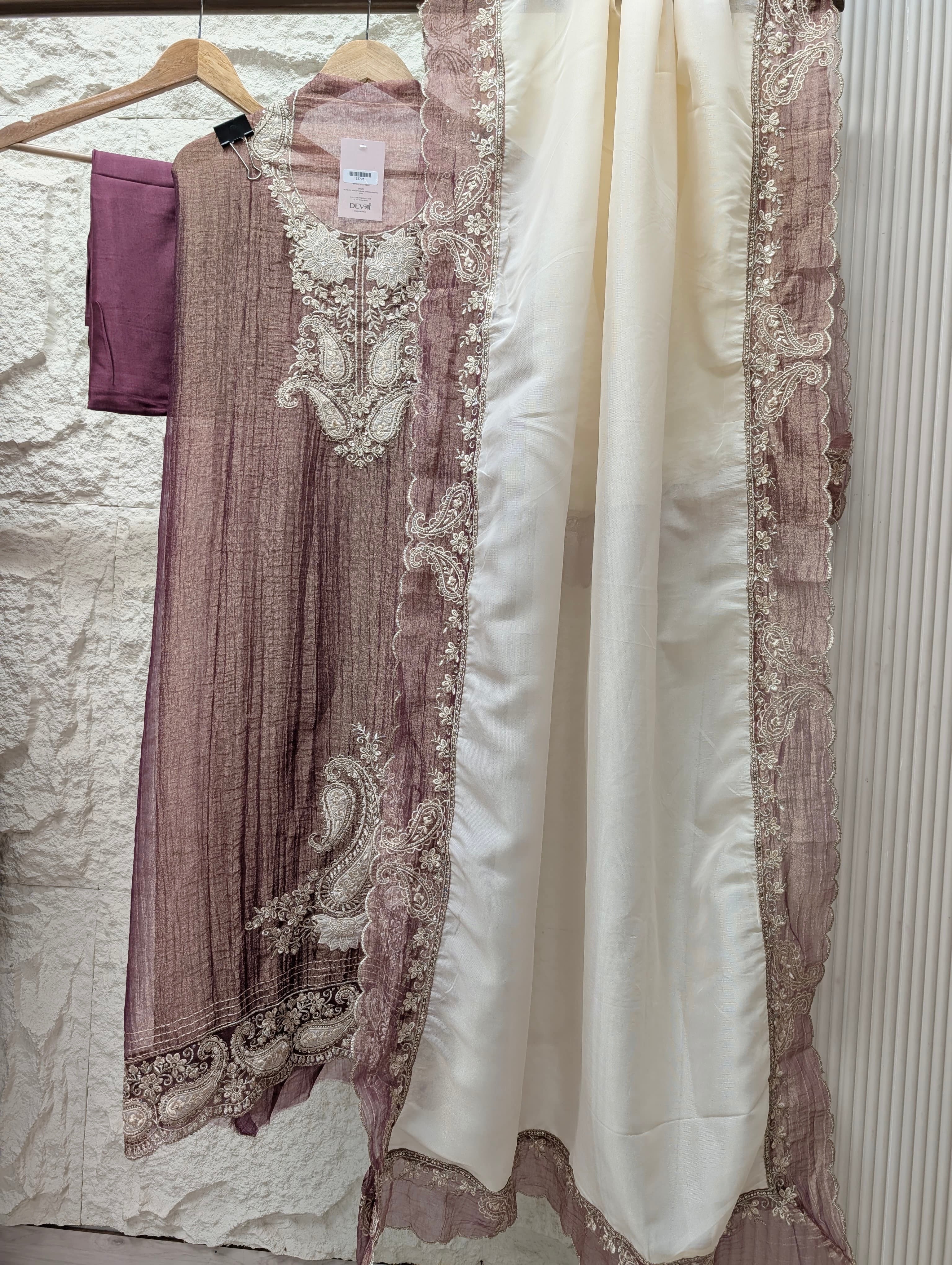 Mauve Pure Tissue Silk Embroidered Unstitched 3-Piece Suit (Devri – D.No 13770)