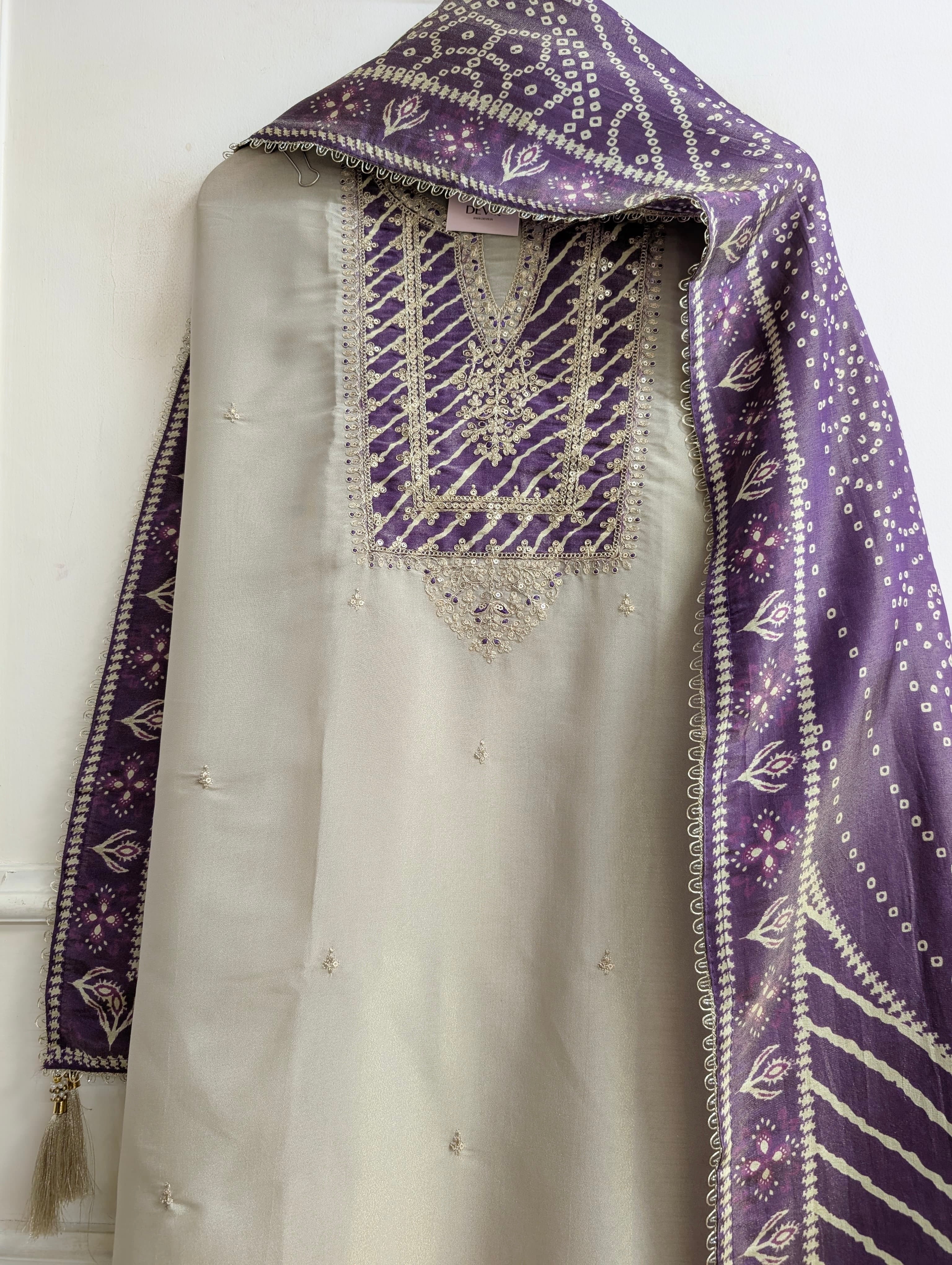 Beige Tissue Silk Embroidered Unstitched 3-Piece Suit (Devri – D.No 13718)