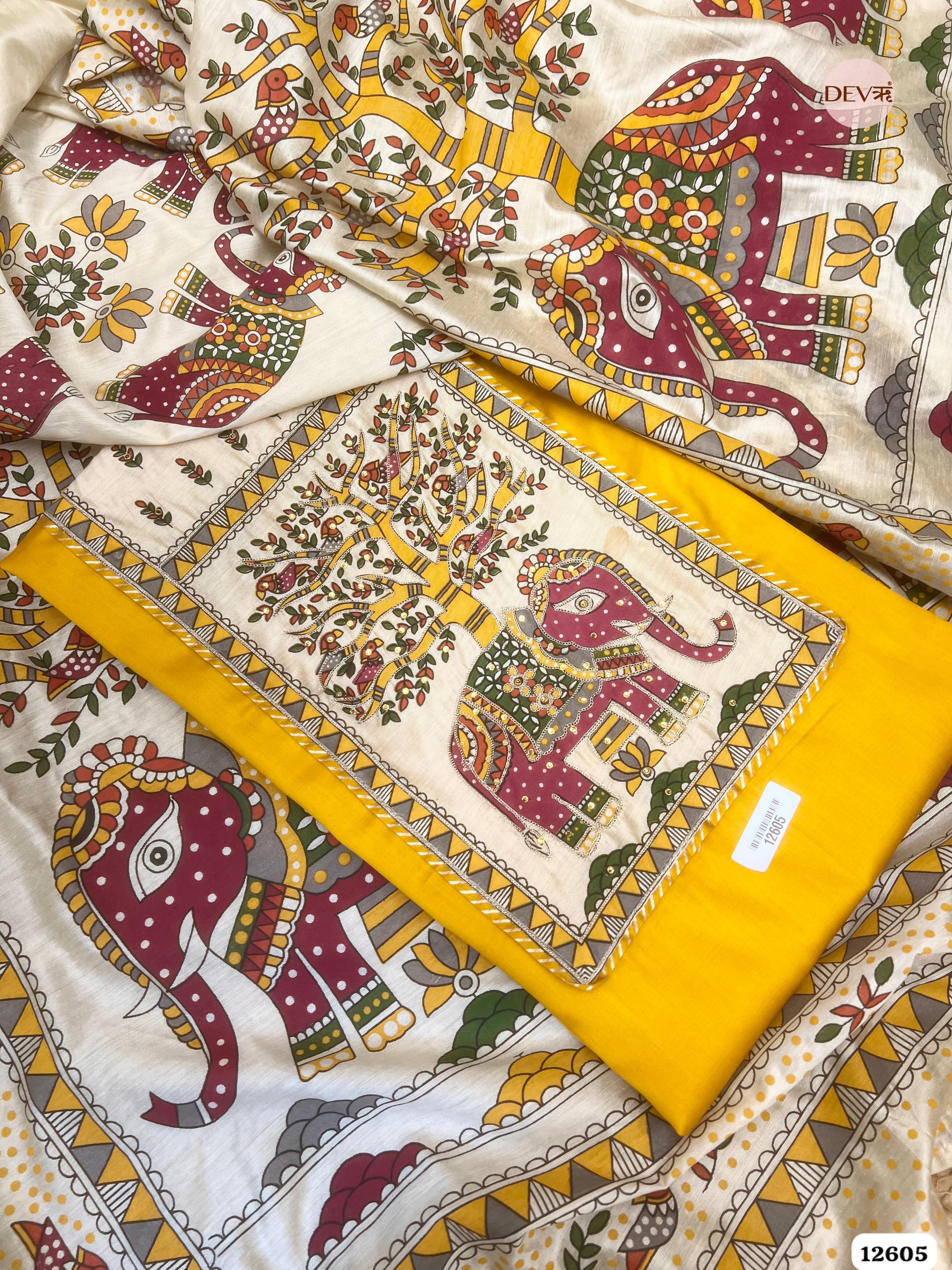 Mustard Yellow Cotton Embroidered Unstitched 3-Piece Suit (Devri – D.No. 12605)