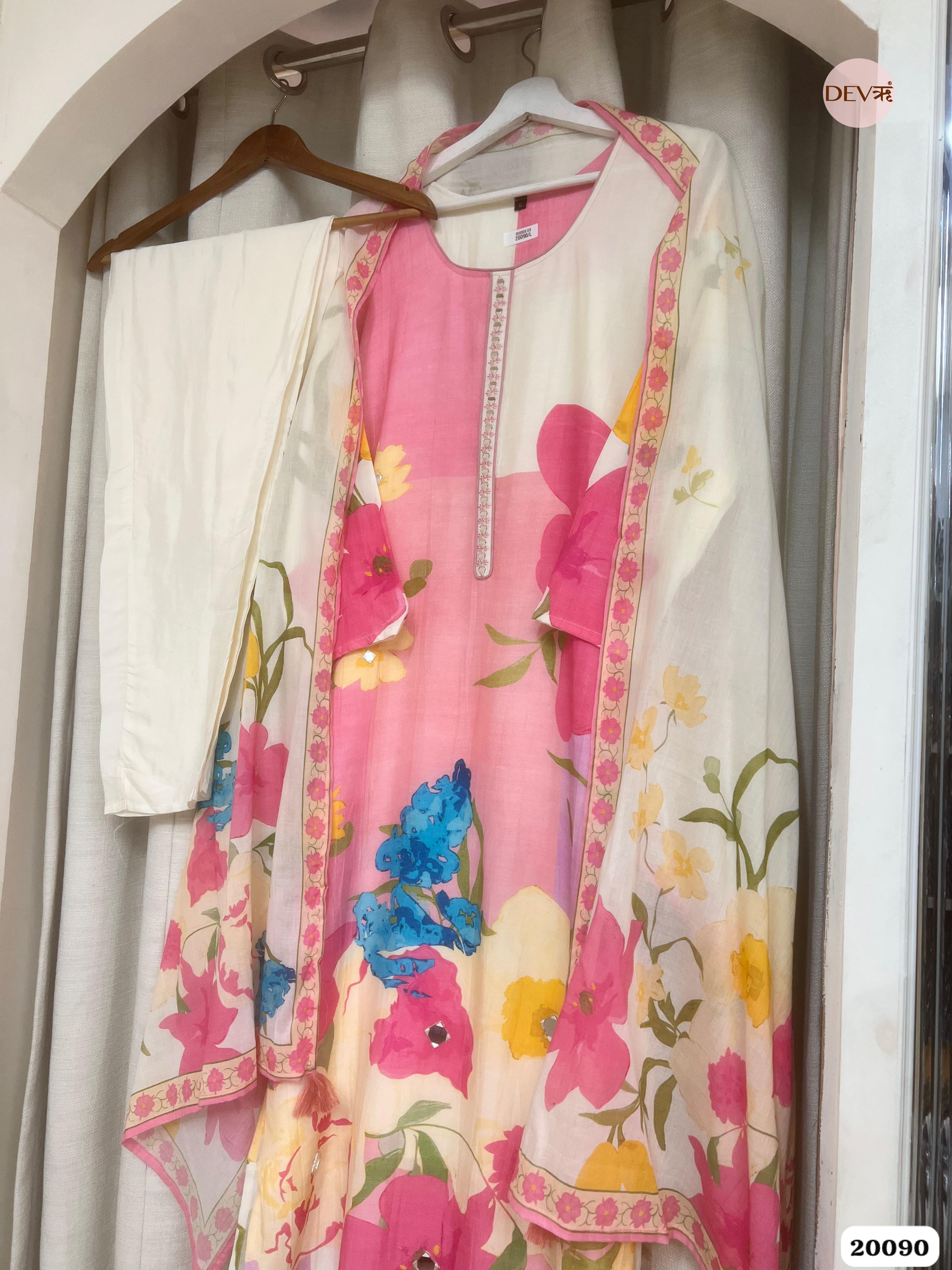 Jivika Pure Cotton Printed Pink & Ivory 3-Piece Set (Devri – D.No 20090)