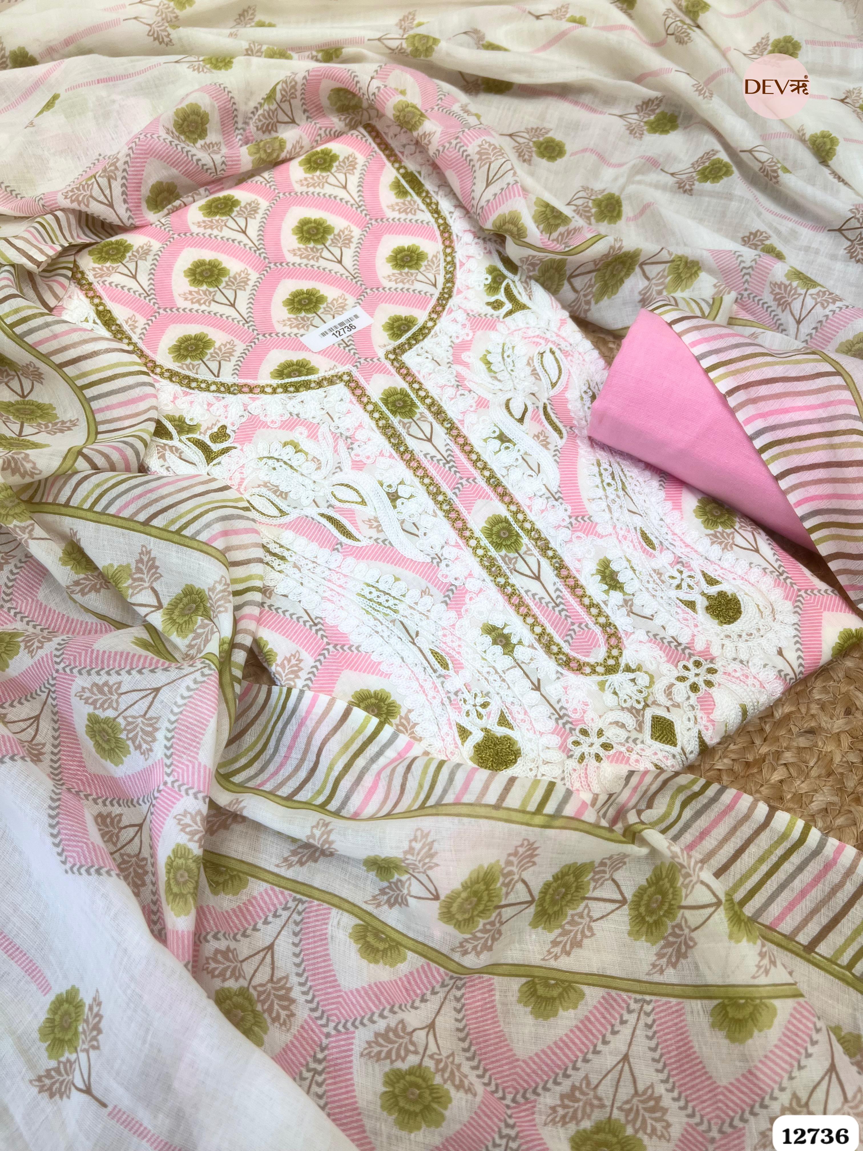Pink Cotton Embroidered Unstitched 3-Piece Suit (Devri – D.No 12736)