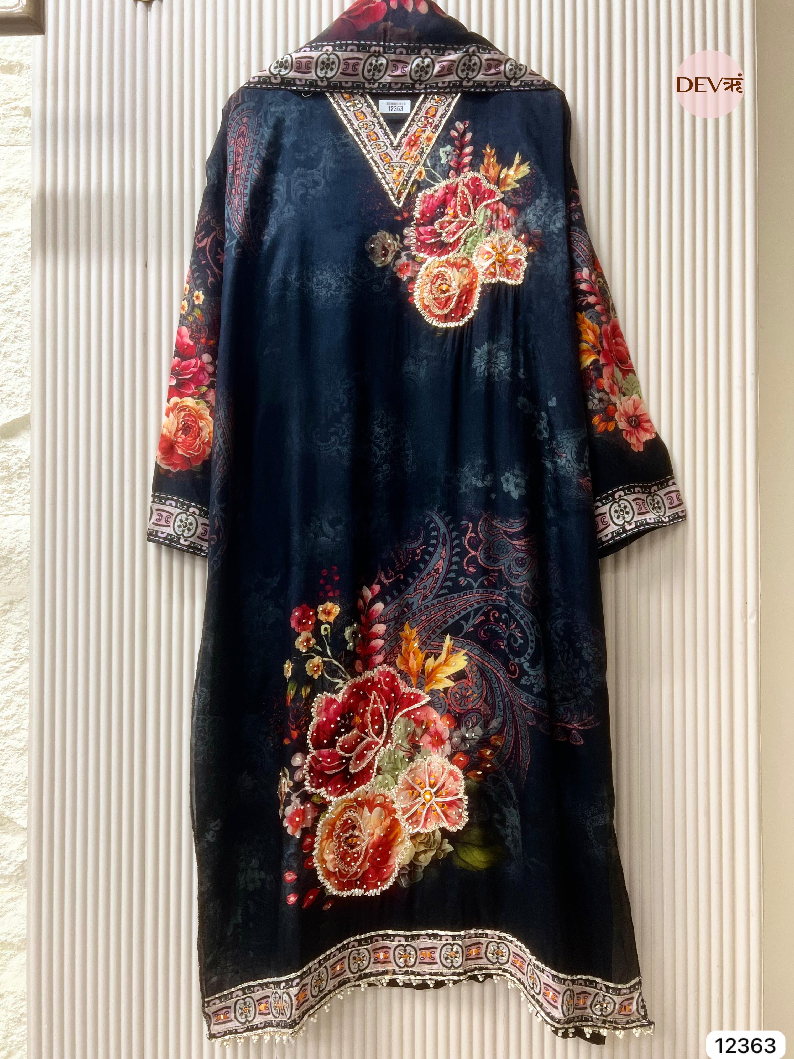 Midnight Blue Organza Silk Printed Unstitched 3-Piece Suit (Devri – D.No 12363)