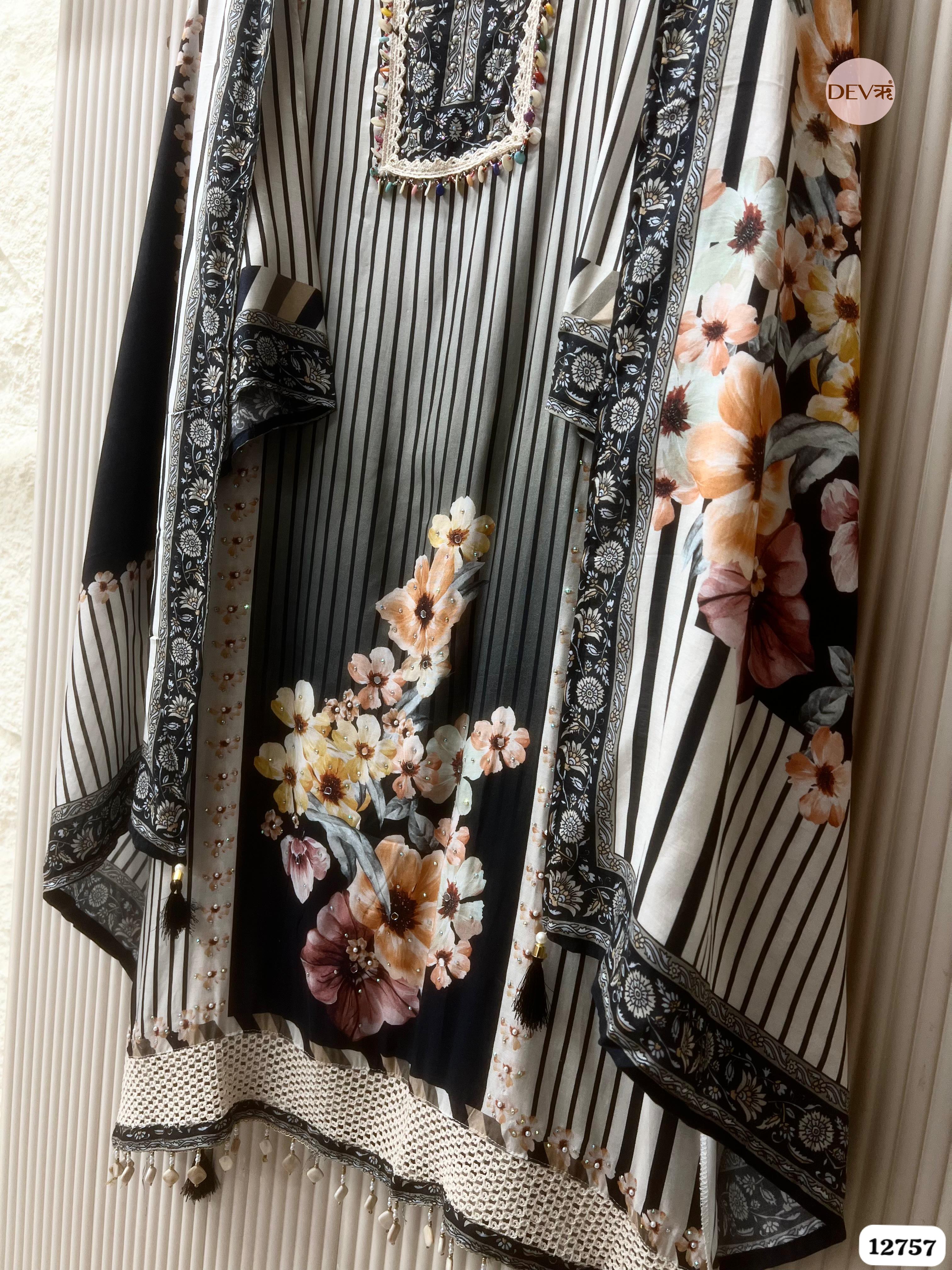 Black Muslin Floral Printed Unstitched 3-Piece Suit (Devri – D.No 12757)
