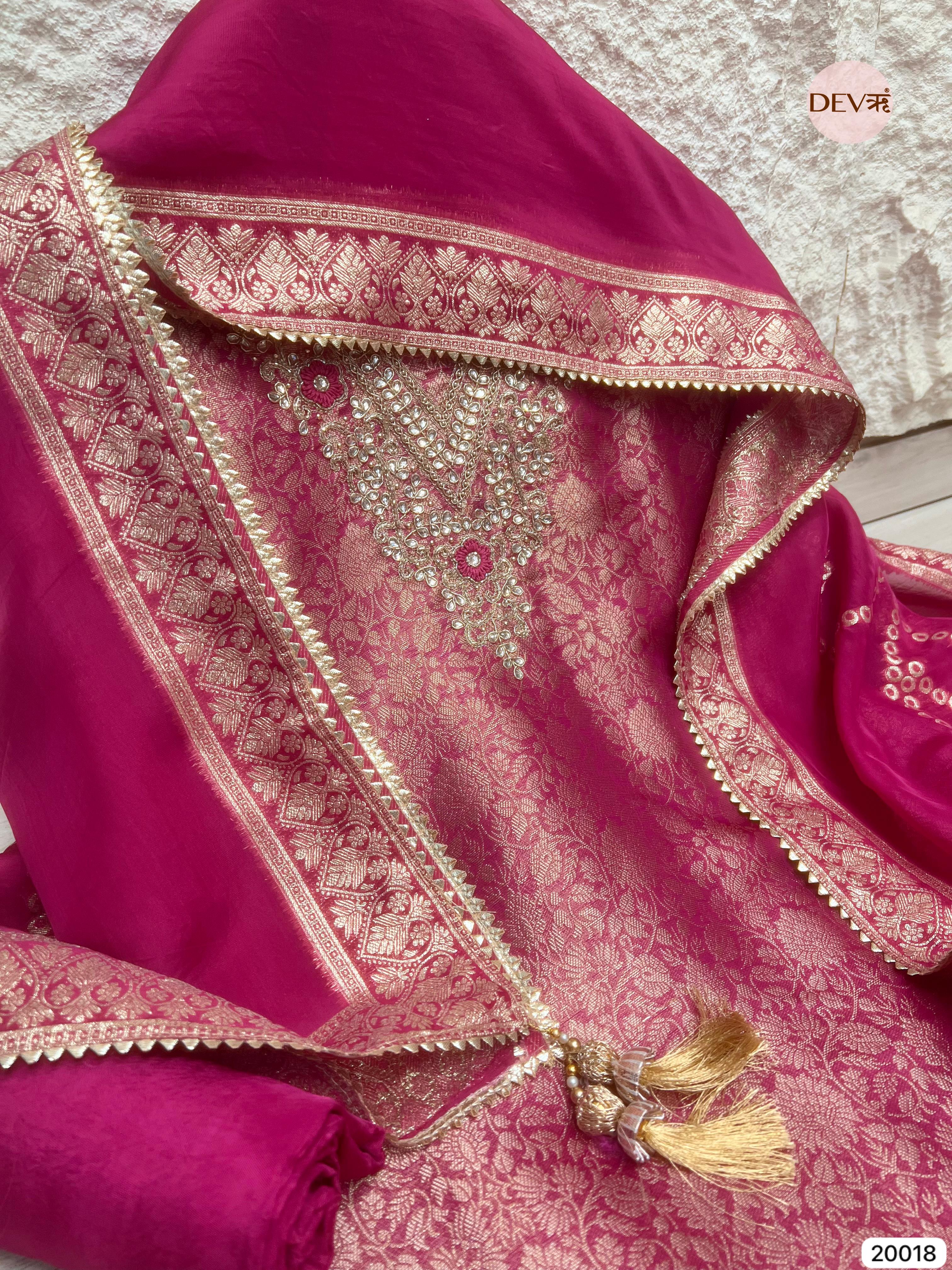 Rose Pink Tissue Jacquard Embroidered Unstitched 3-Piece Suit (Devri – D.No. 20018)