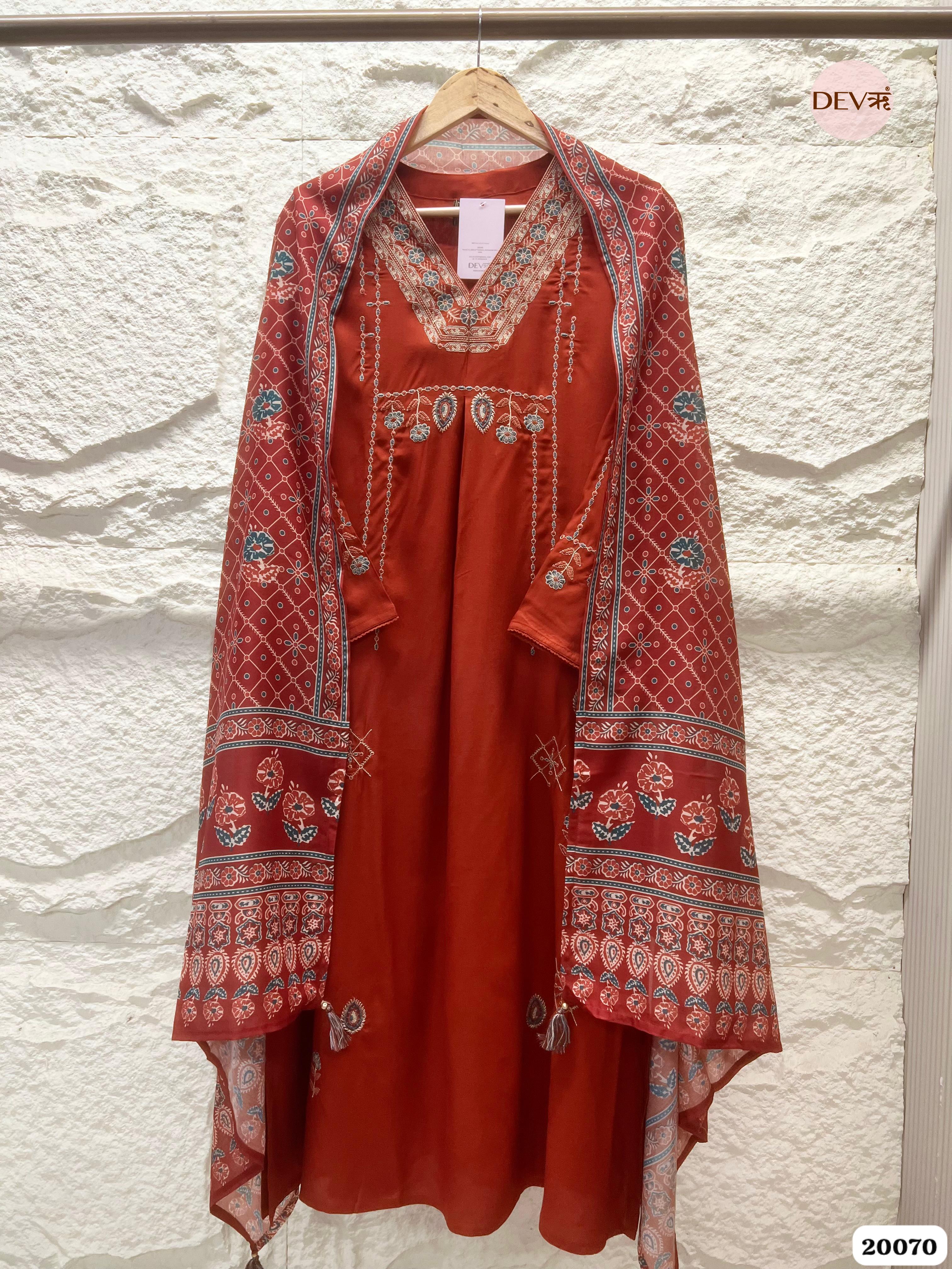 Amara German Reyon Embroidered Rust Red 3-Piece Set (Devri – D.No 20070)