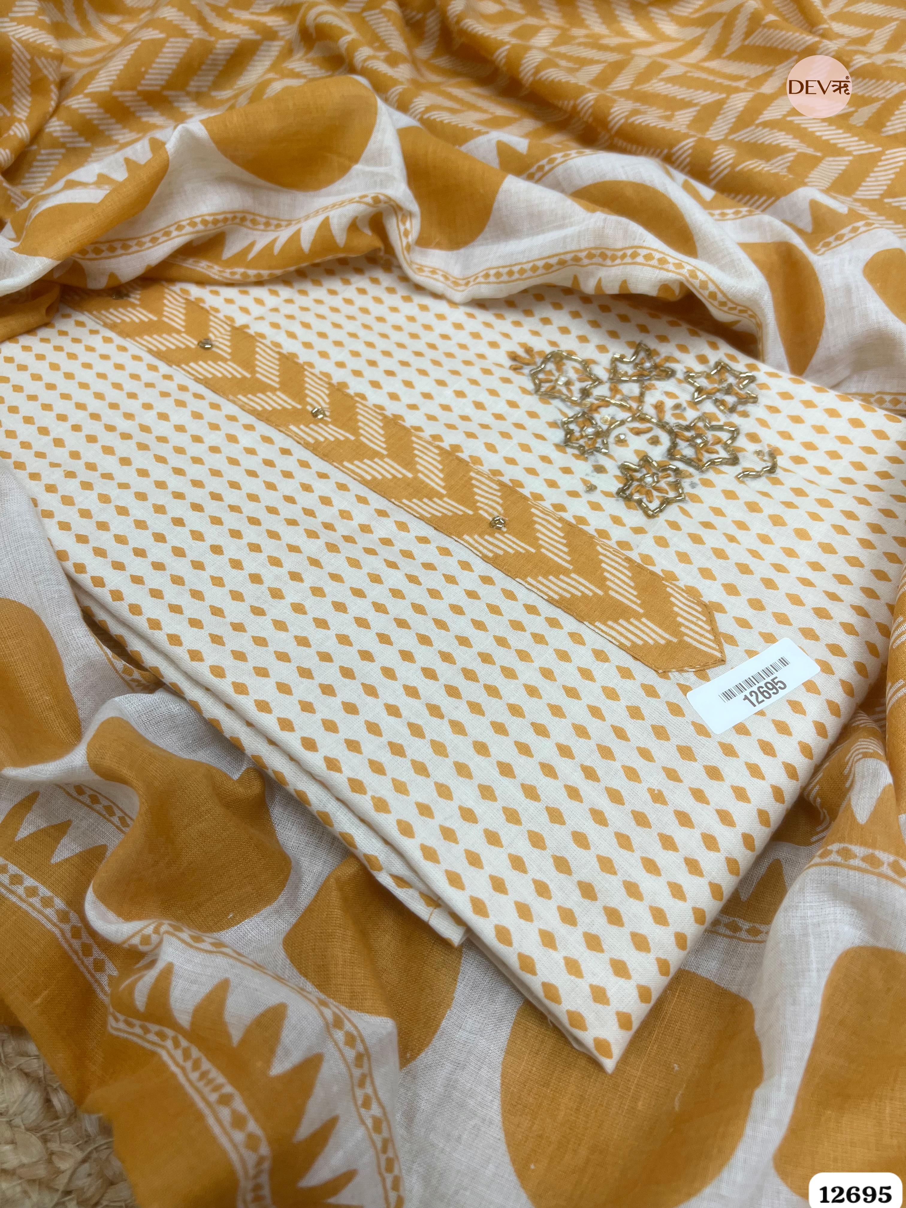 Mustard Yellow Cotton Printed Unstitched 3-Piece Suit (Devri – D.No 12695)